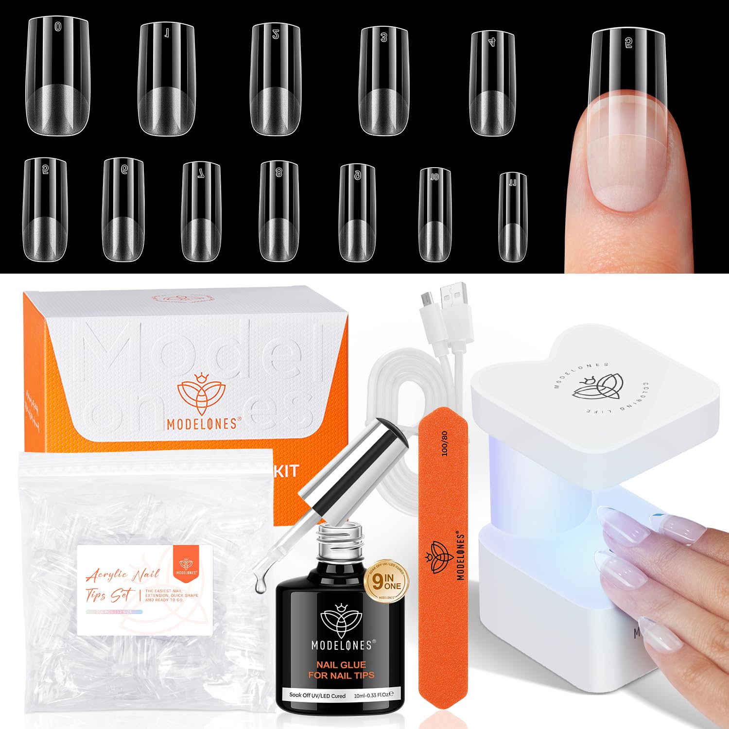modelones Gel Nail Kit, Medium Square x GelNail Tips , 9-in-One Nail Glue & Portable U V Nail Lamp, 216Pcs 12Sizes Press On Acry