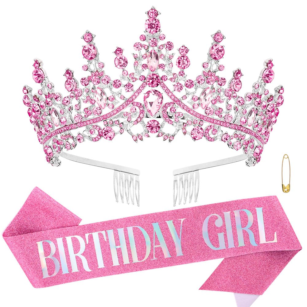 ATODEN Birthday Girl Tiara Queen Crown Pink Tiaras and Crowns for Women Girls Crystal Princess Tiara Rhinestone Headbands Quince