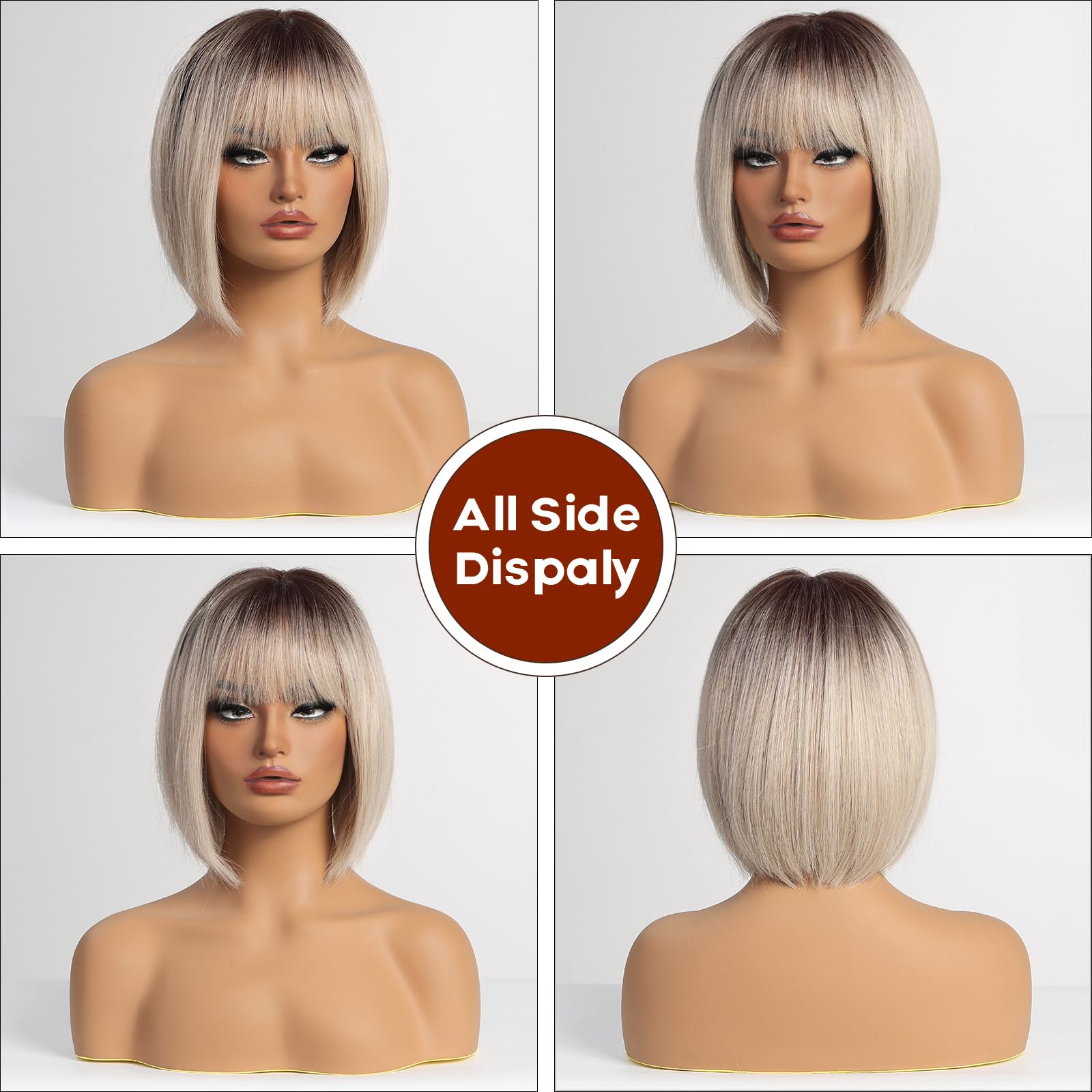 Emmor Omber Blonde Bob Wig With Bangs 12'' Short Bob Wigs For Women Short Blonde Wig With Dark Roots Heat Resistant Synthetic Wi