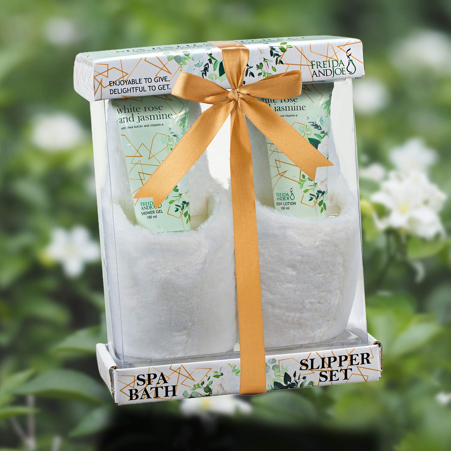 Home Spa Slippers Set Bath Gift Basket - White Rose Jasmine Fragrance - - Contains Body Lotion And Shower Gel, Plush Cozy Close