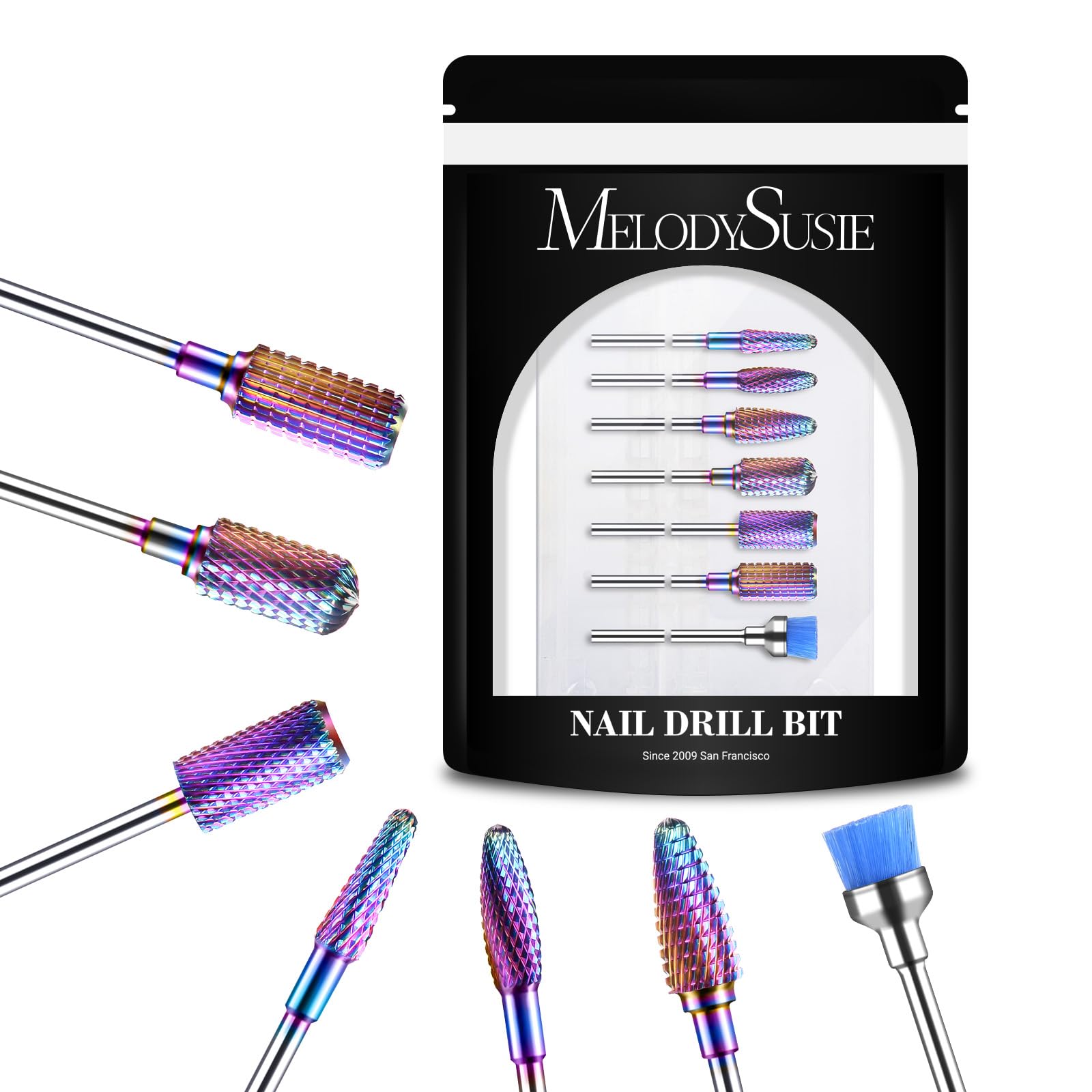 MelodySusie Nail Drill Bits Set, 7pcs Tungsten Carbide Diamond Nail Drill Bits for Acrylic Nails Poly Gel Cuticle Remove, 3/32 '