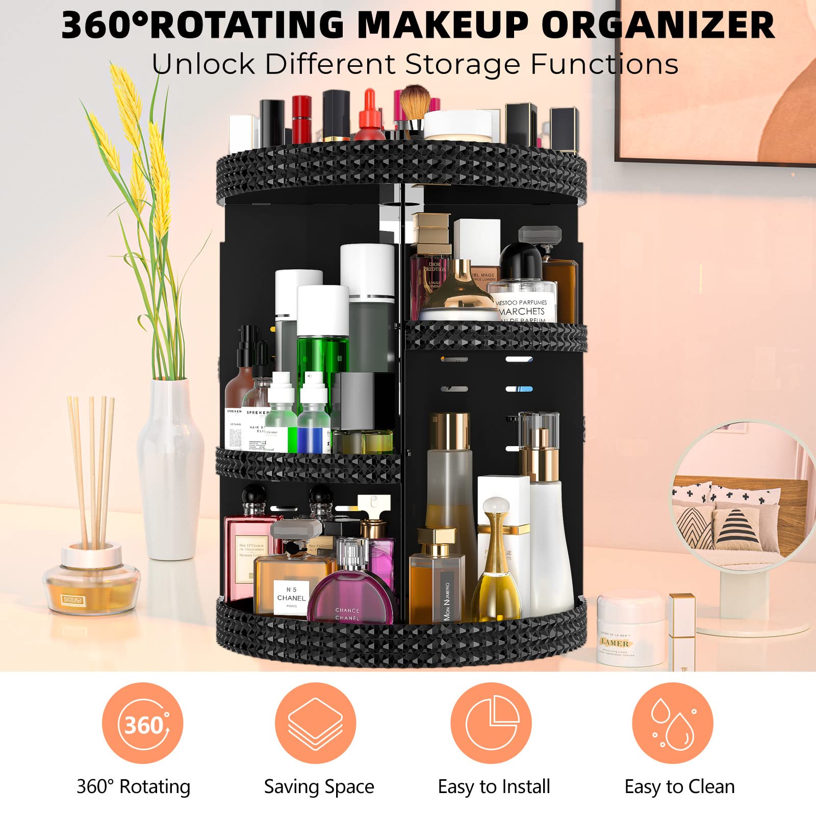 HEMTROY 360° Rotating Makeup Organizer - Extra Large Acrylic Skincare & Perfume Storage - Adjustable 7 Layers - Black - Model HT010005