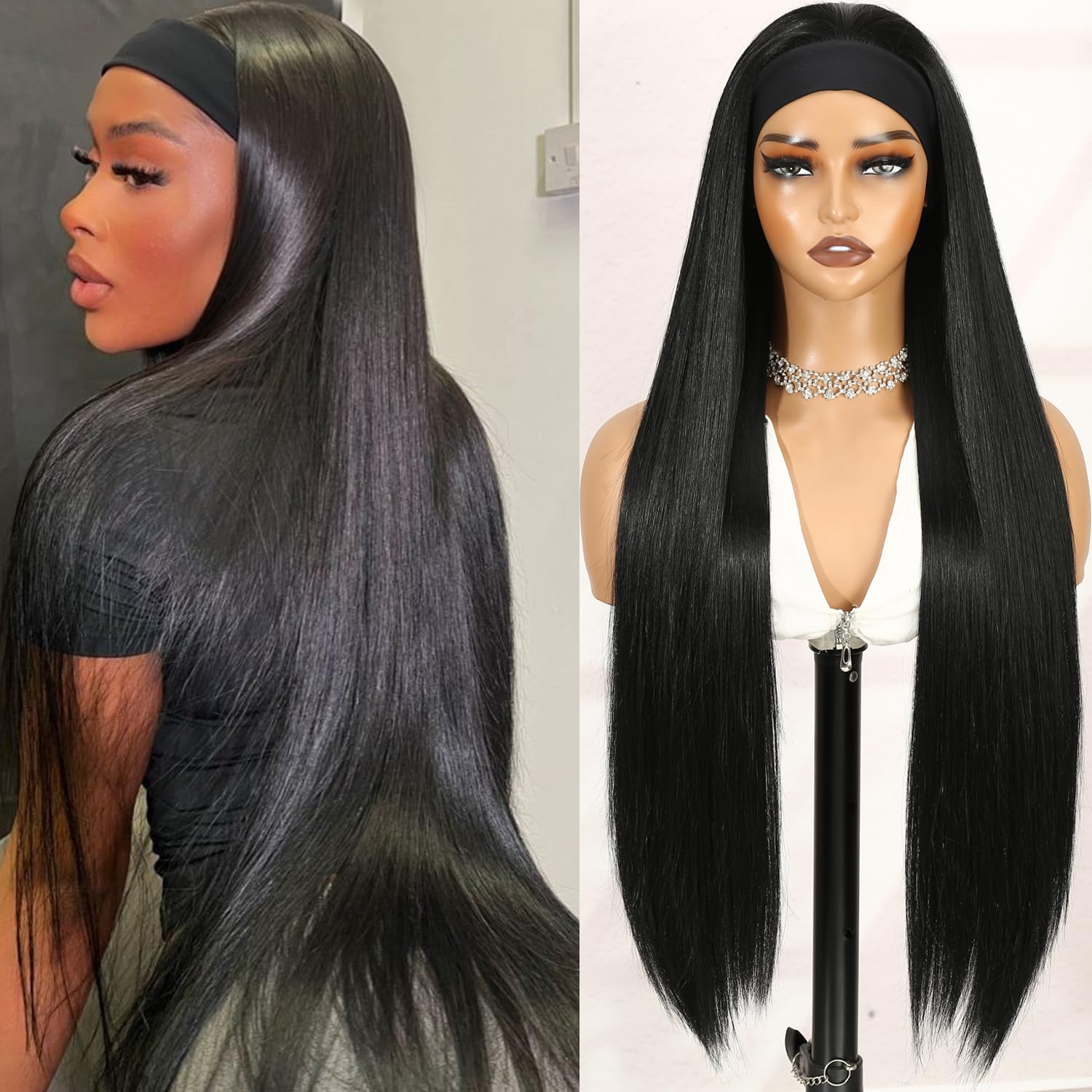 WIGNEE 32 Inch Straight Headband Wigs For Black Women Black Half Wig