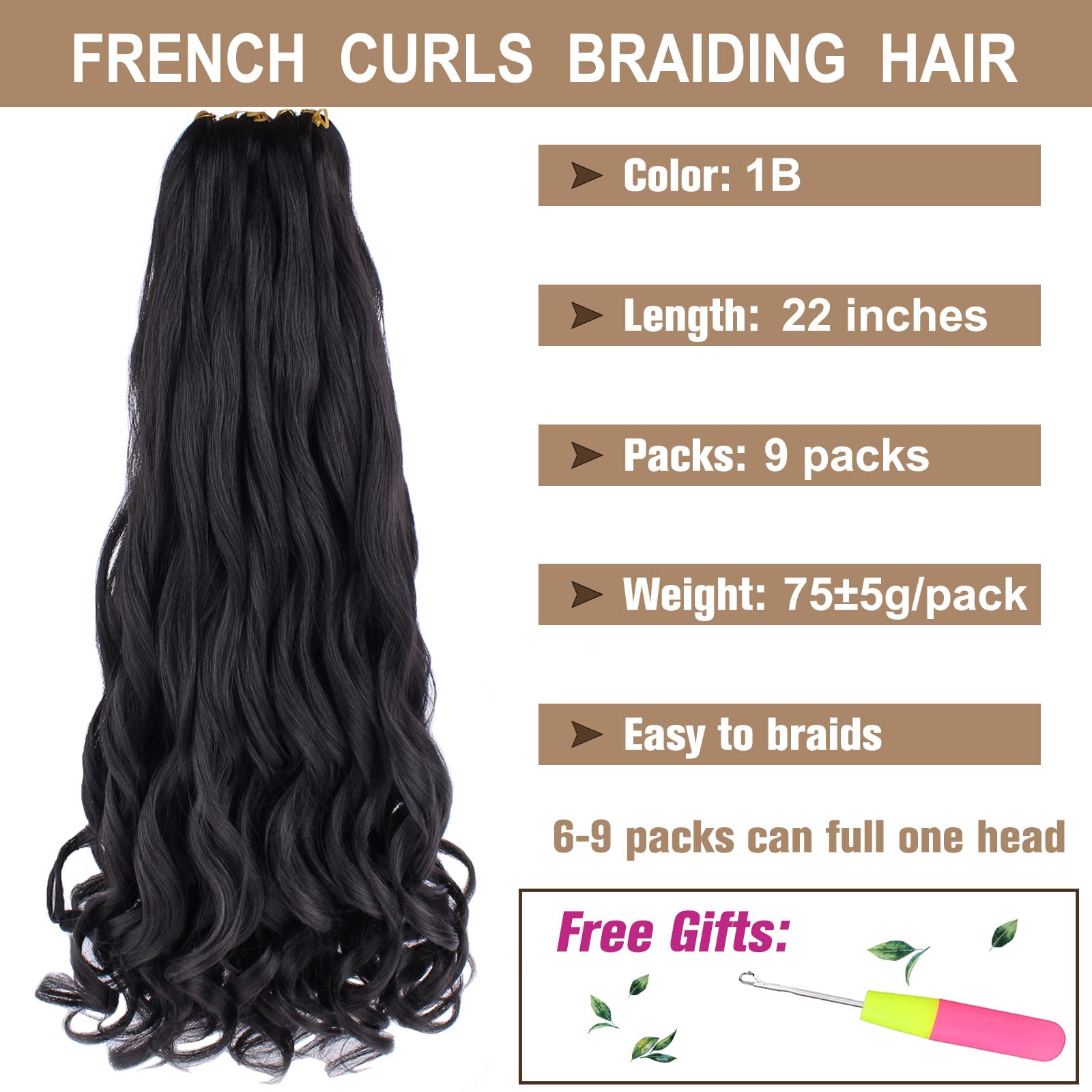 COOKOO 9 Packs 22 Inch French Curl Braids Hair Natural Black Pre Stretched Bouncy Braiding Hair Loose Wavy Crochet Braids Hair F