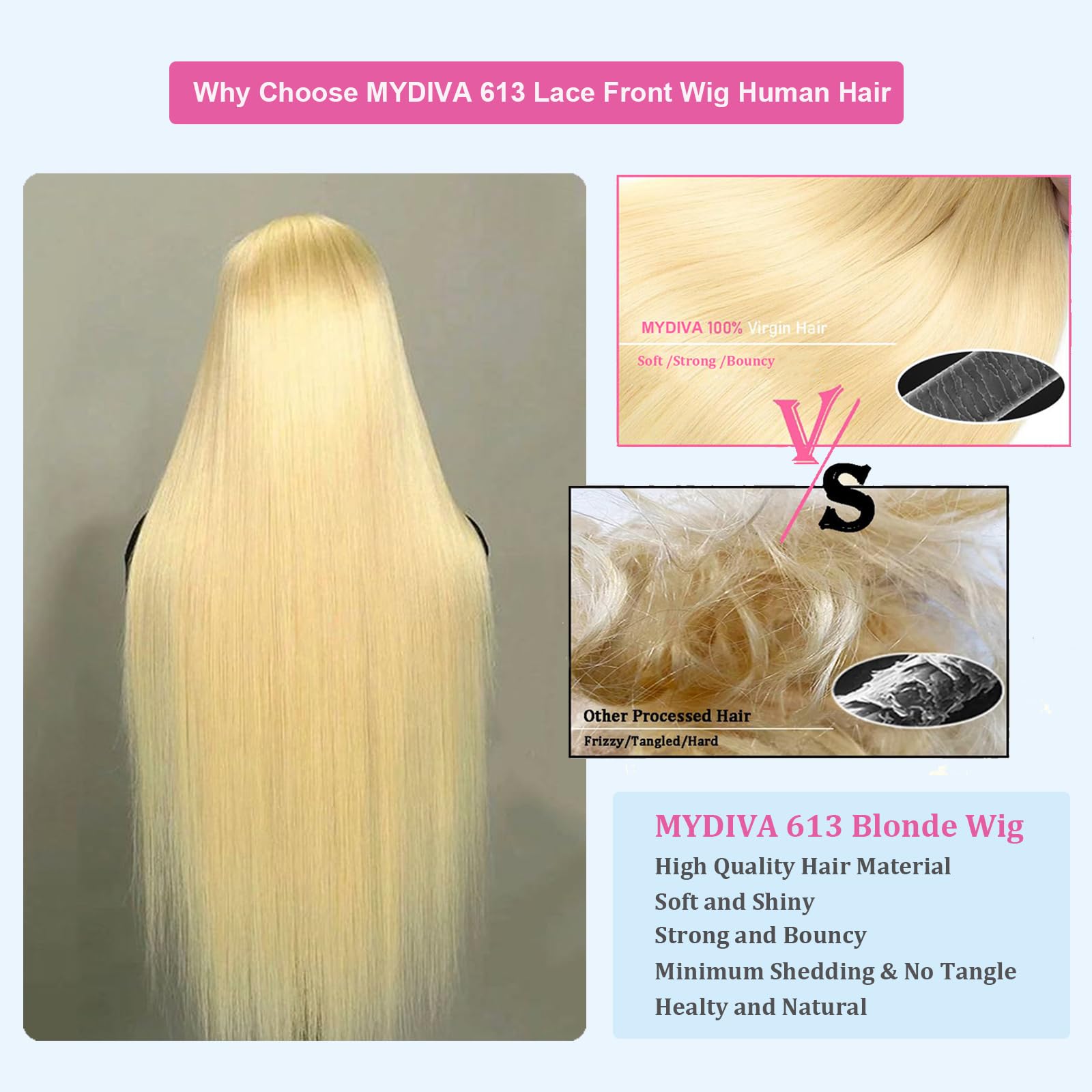 MYDIVA 613 13x6 Lace Front Wig Human Hair 28 inch Straight Blonde Wig Human Hair 180% Density 613 HD Lace Frontal Wig Blonde Lac