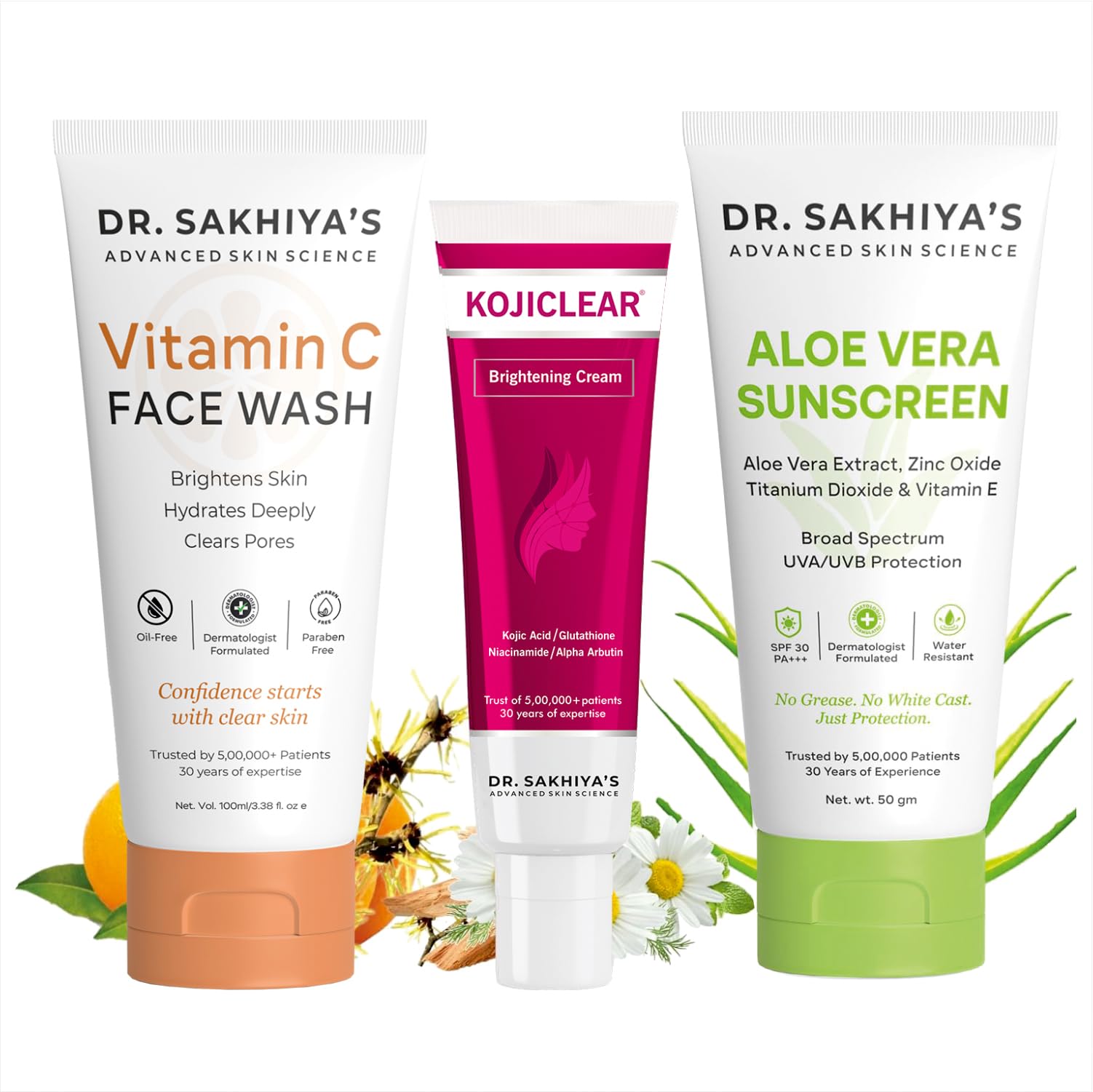 Dr. SakhiyaS Dr. SakhiyaS Lightening & Whitening Trio Vitamin C Face Wash 100Ml Kojiclear Brightening Cream 20Gm Spf 30 Sunscr