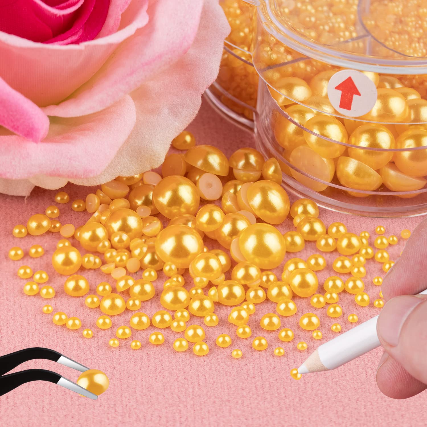 Nail Art Flat Back Half Round Pearl Kits 28, 1 Box Of 6000 Pcs Flat-Back Golden Yellow With Tweezer And Picker Pencil For Home D