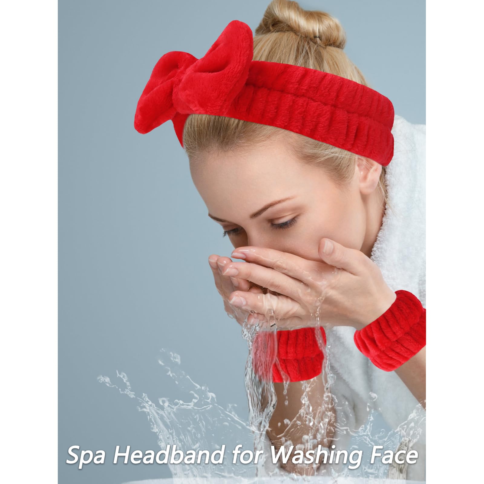 Velscrun Red Puffy Sponge Spa Headband Bow Tie Hair Band Hair Clips Wristband Set, 5 Pcs Spa Headbands For Wash Face, Makeup Hea