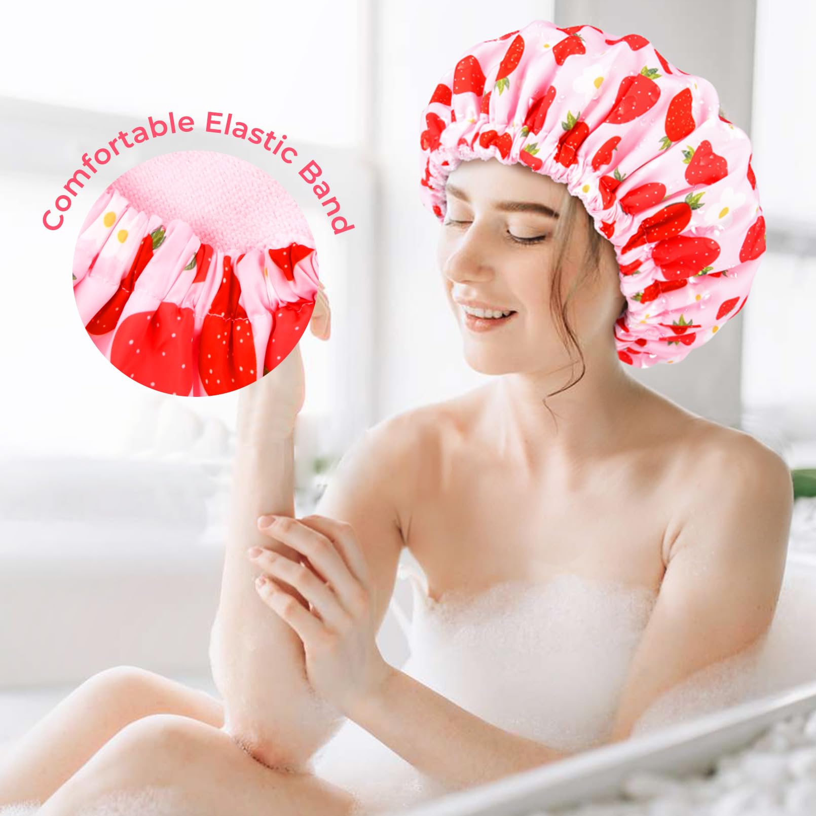 Shower Cap For Women Terry Lined Bath Cap Large Reusable Waterproof Elastic Band Pink Strawberry Shower Caps For Long Thick Hair