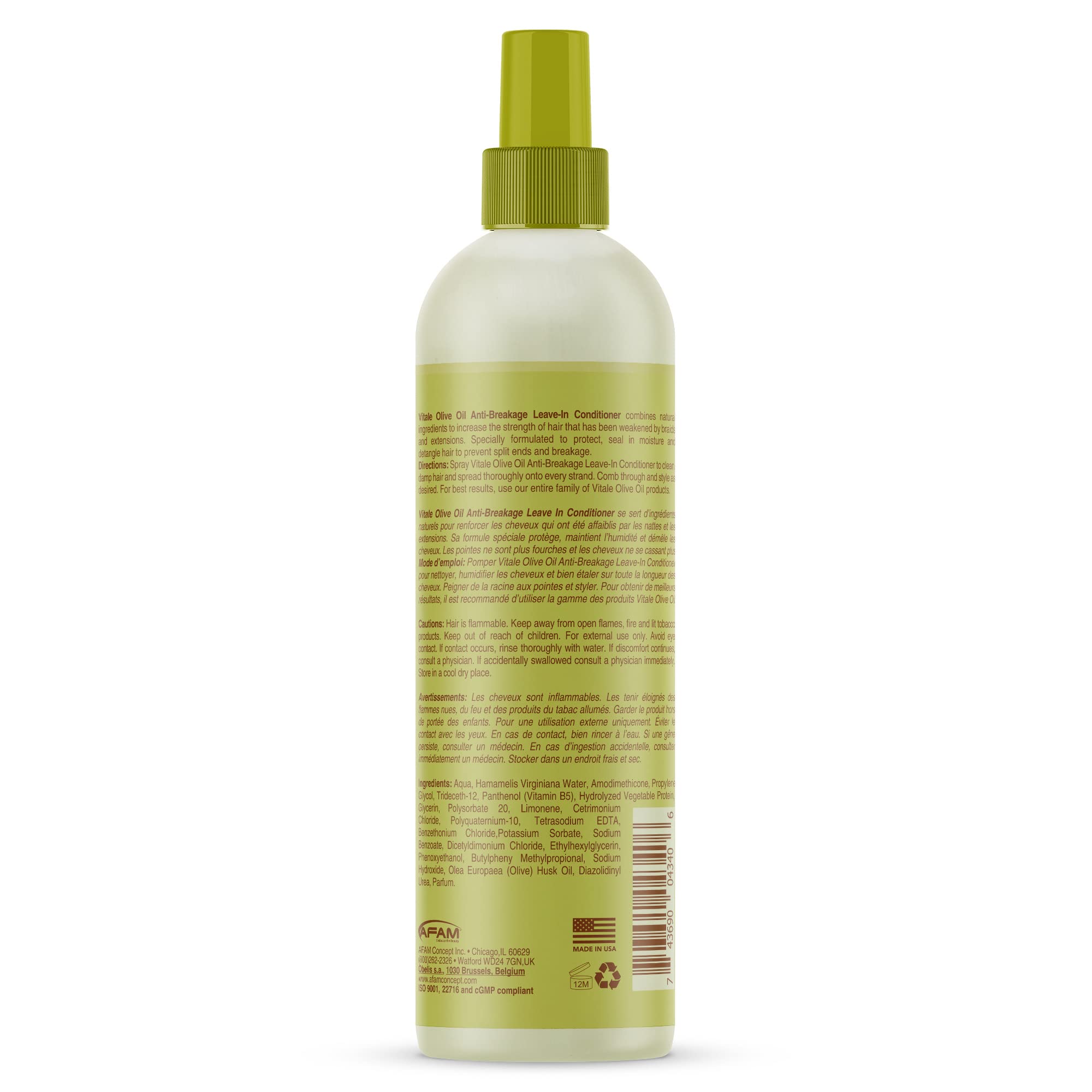 VITALE Olive Oil Anti-Breakage Leave-In Conditioner, 12 Fl Oz, White, Model VN12