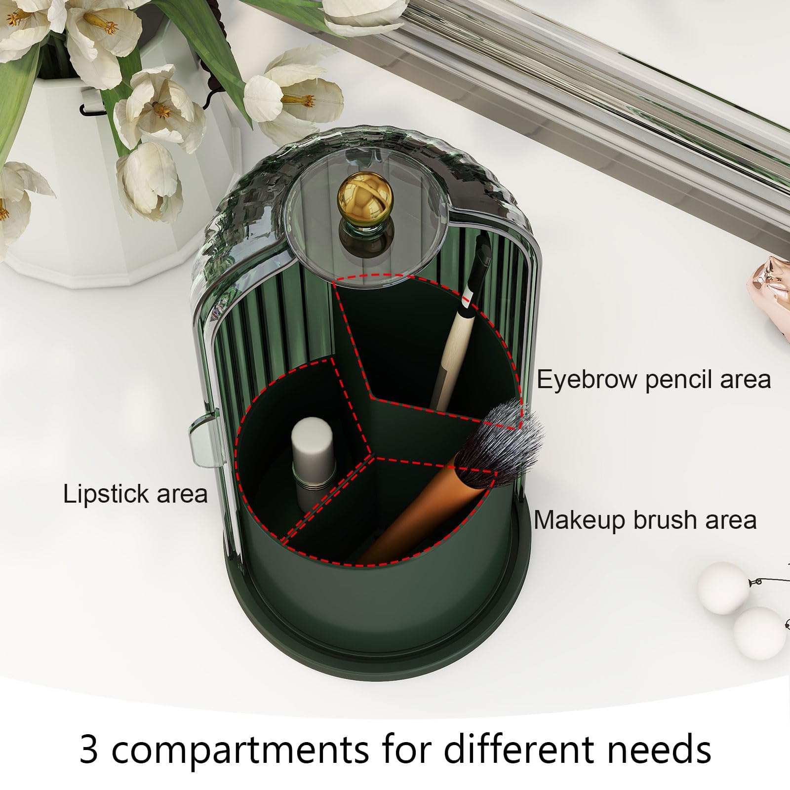 Emljkvp Makeup Brush Holder With Dustproof Cover 360 Rotating Makeup Brush Organizer For Vanity Bathroom, All Green