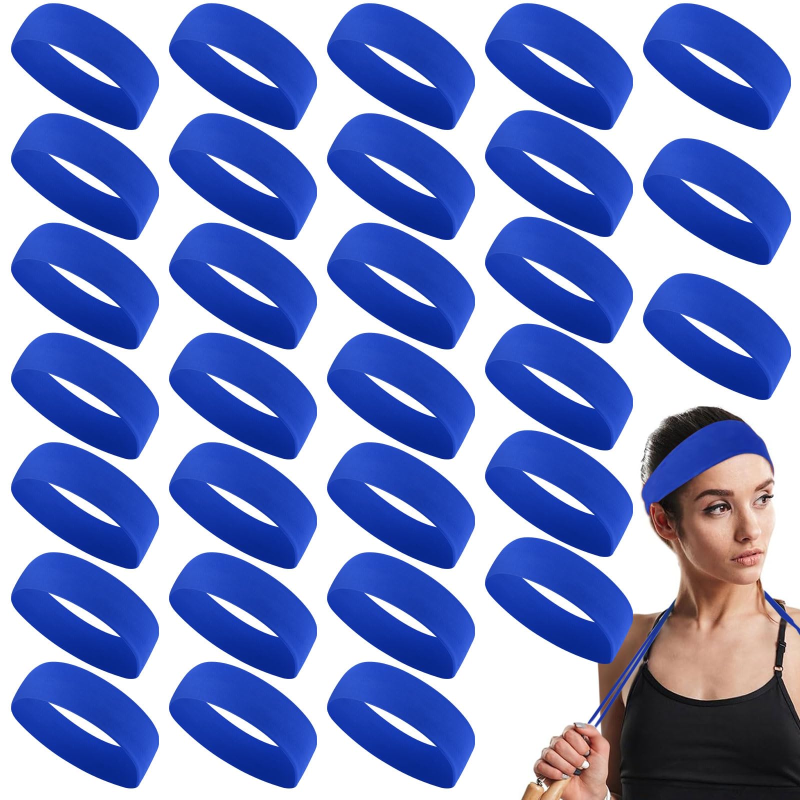 Hotop 30 Pcs Sport Headbands for Women Non Slip Stretchy Soft Fabric Elastic Sweatbands Bulk for Yoga DIY Team Gifts(Royal Blue)
