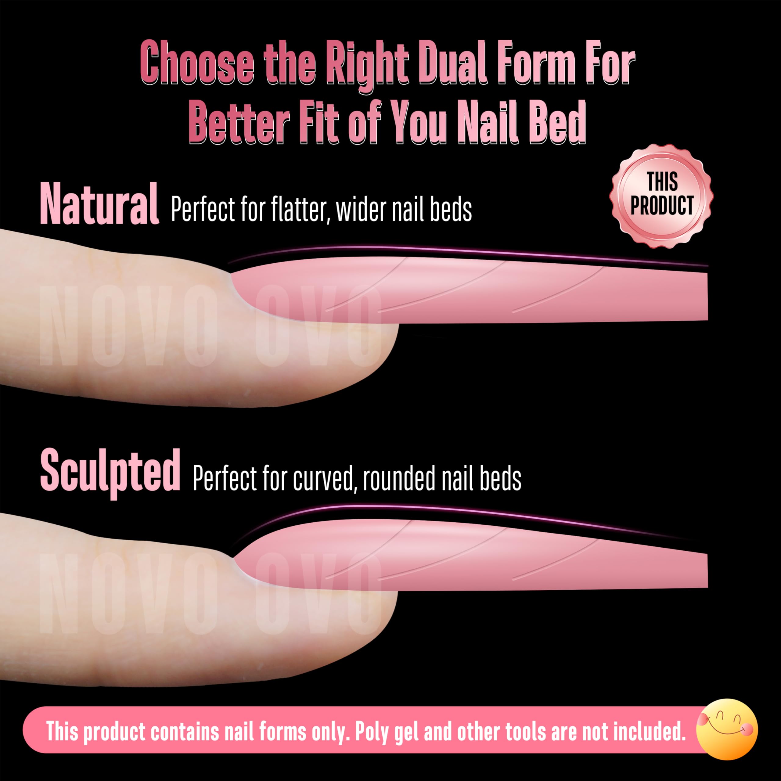 NOVO OVO Tapered Square (Natural not Sculpted) Nail Dual Forms for Poly Gel Extension with Guiding Line Inside, XL XXL Reusable