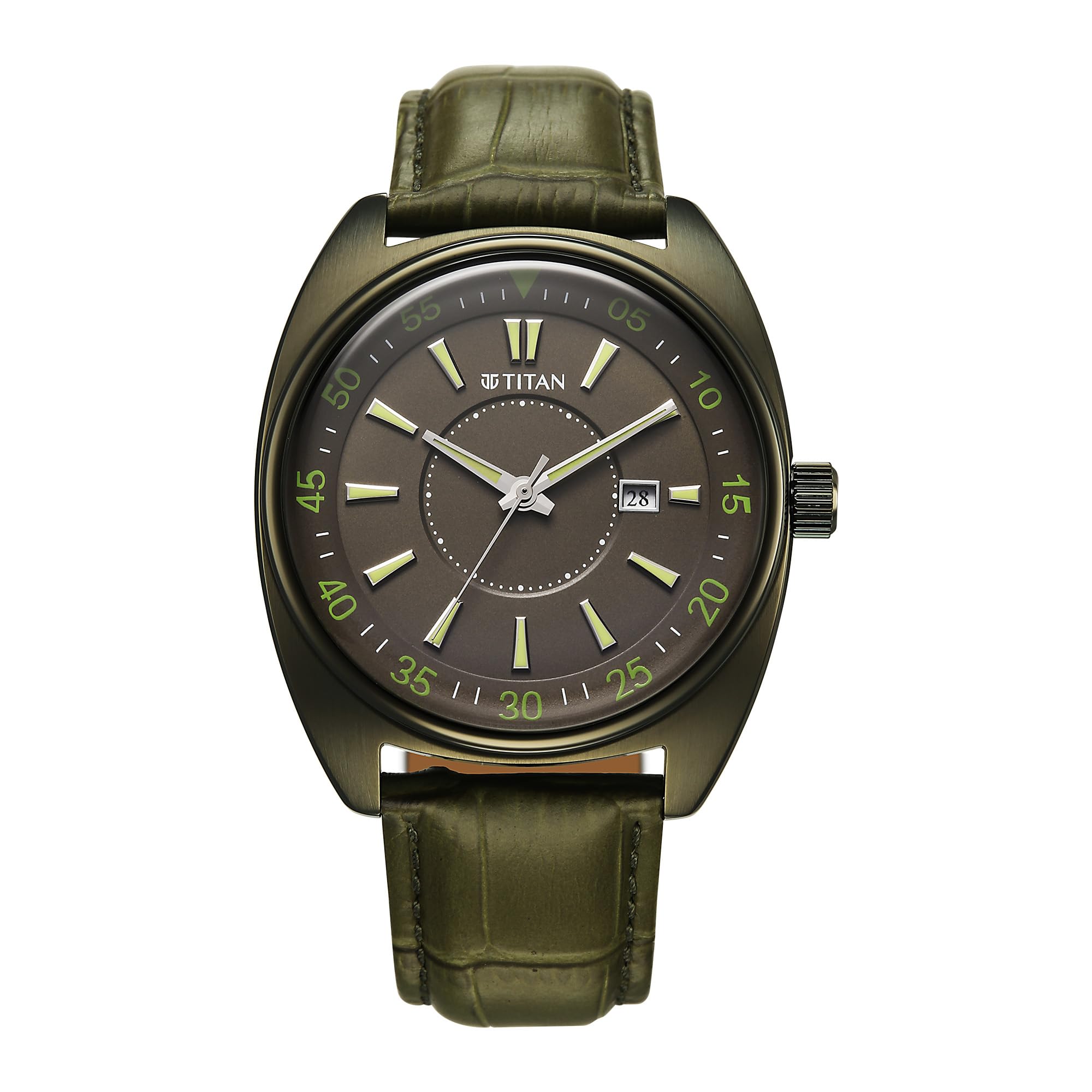 Titan Tonneau Analog With Date And Green Dial Green Leather Strap Watch For Men  90211Ql01