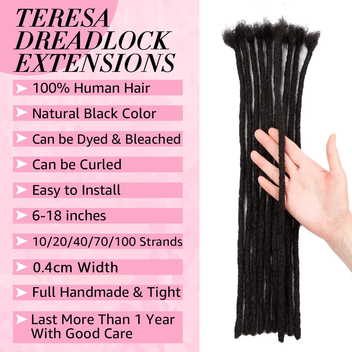 Teresa 0.4cm & 0.6cm & 0.8cm Width 100% Human Hair Dreadlock Extensions for Men/Women/Kids, Full Hand-made Locs Extensions Human