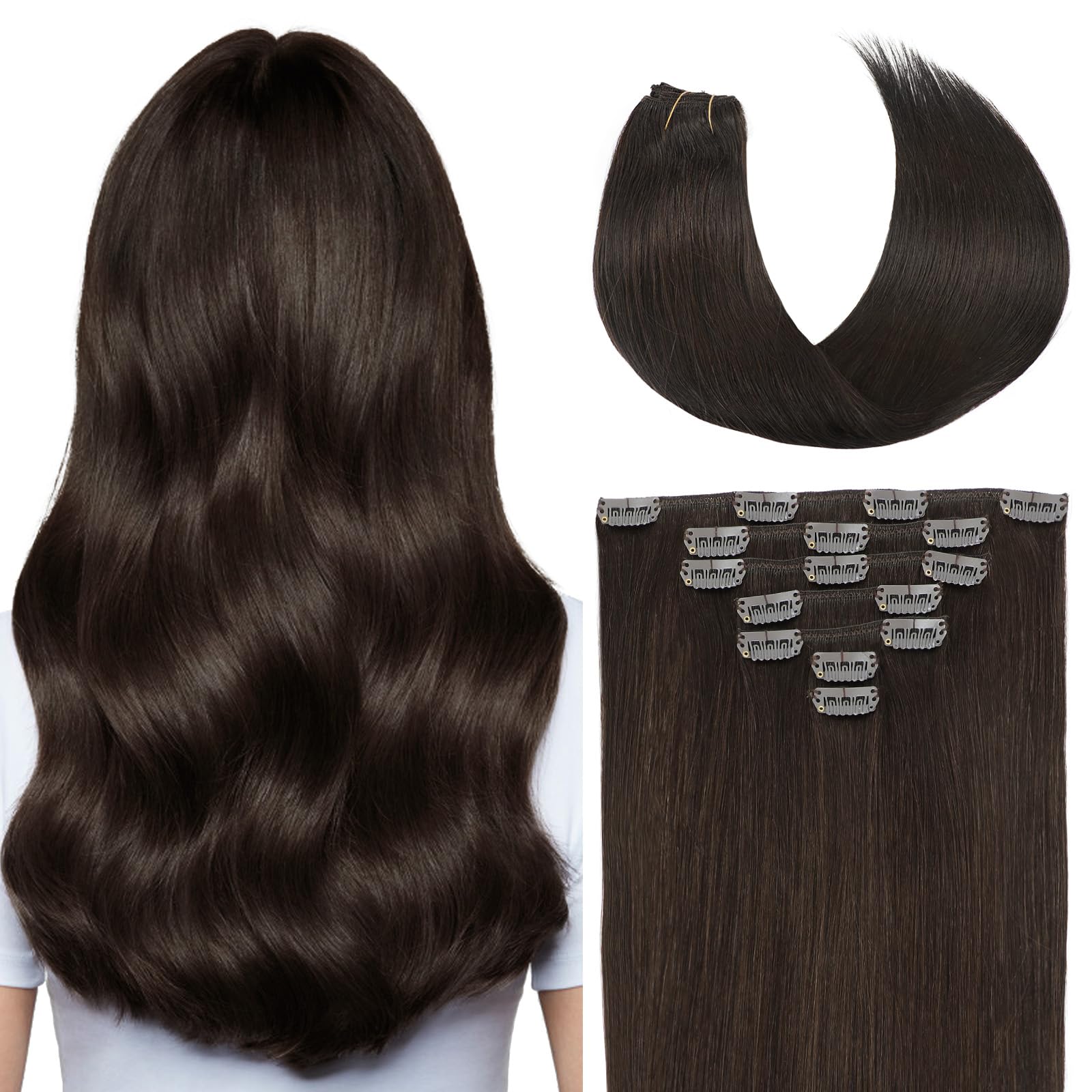 Befana #2A Light Dark Brown Clip in Hair Extensions,12inch 7Pcs 70g Straight Silky Brown Clip in Hair Extensions For Women Natur