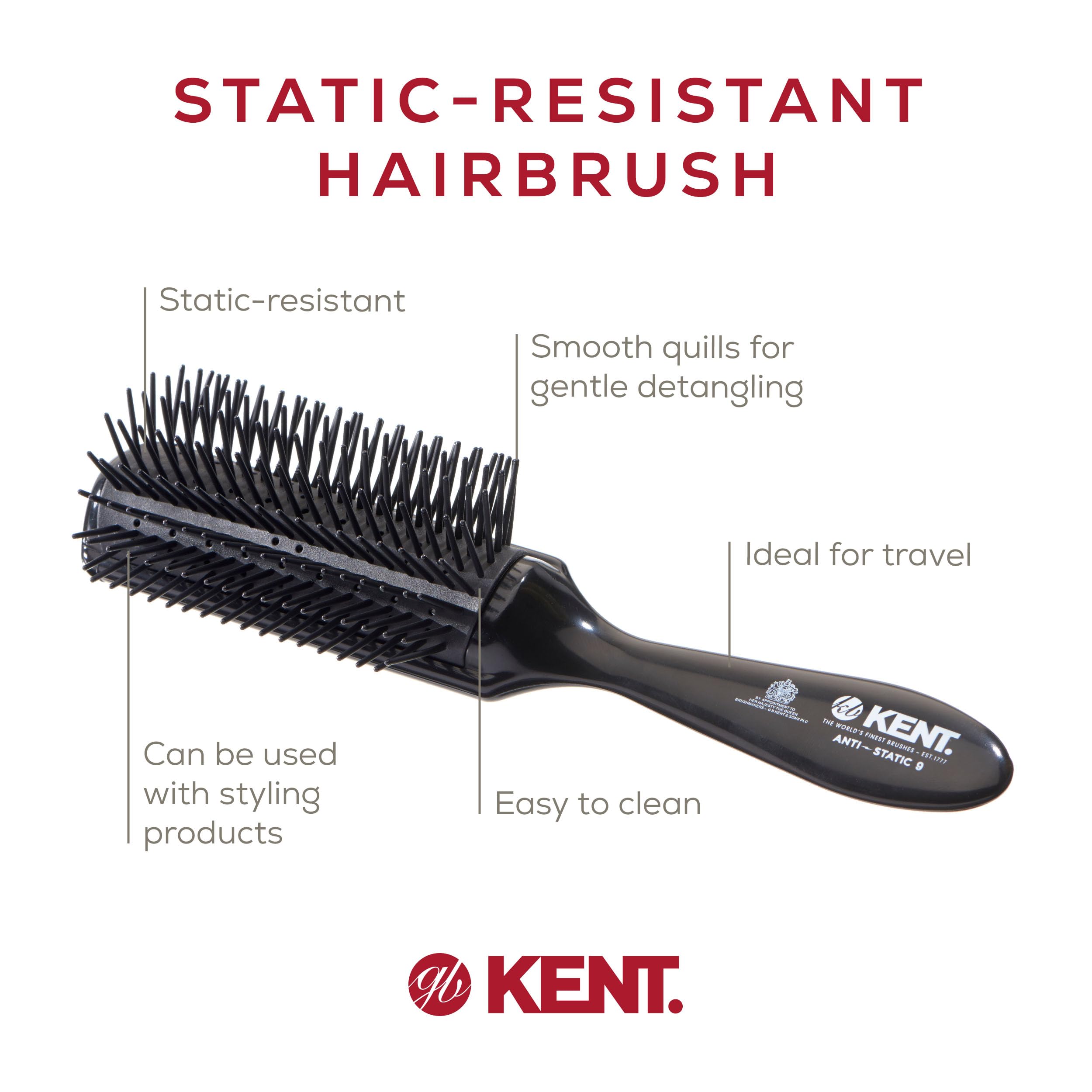 KENT AS9 Anti Static Hair Brush - 9-Row Mini Hairbrush for Smoothing & Curling - Black Rubber Nylon - Perfect for Medium or Long Hair