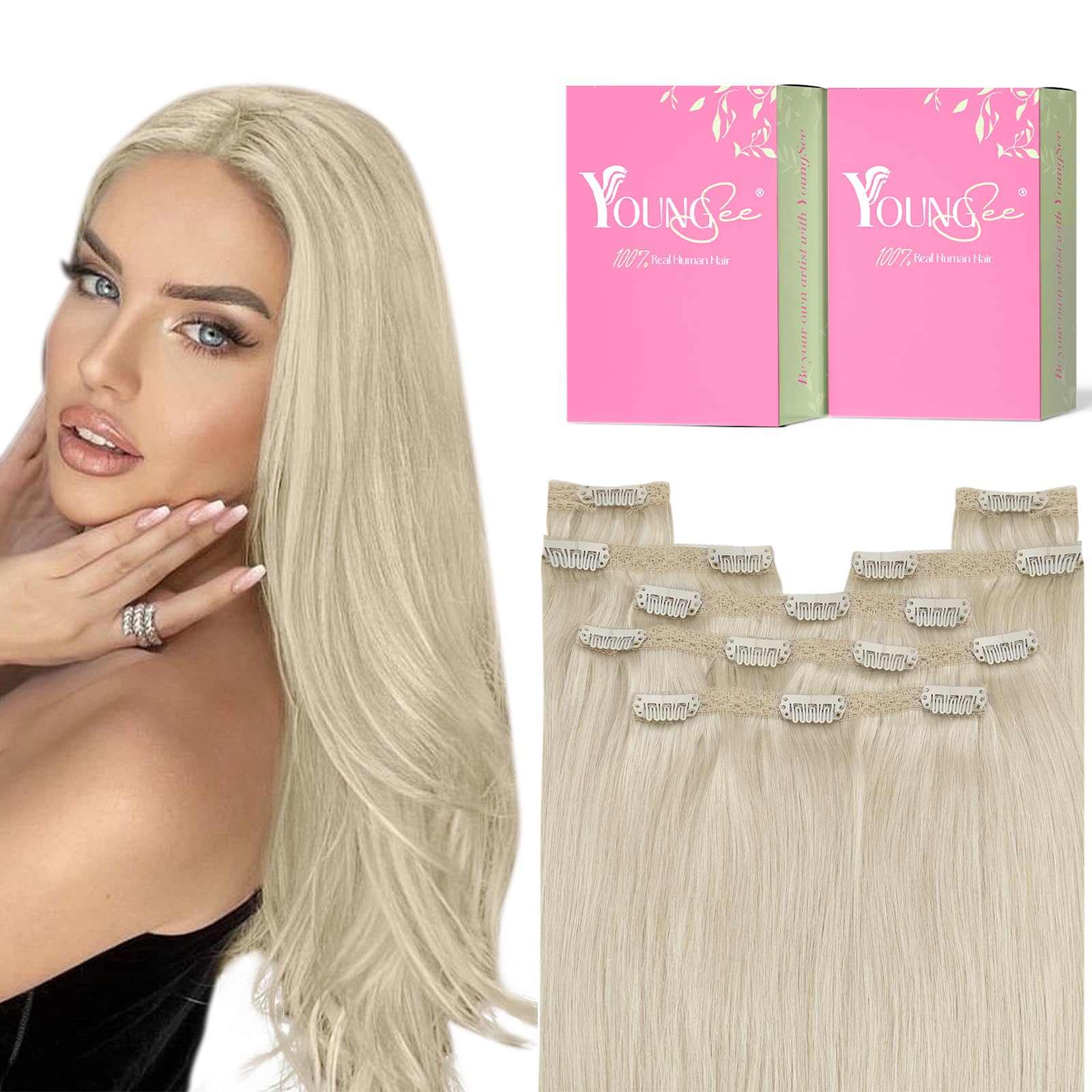 YoungSee 150G Clip in Human Hair Extension Blonde Clip on Hair Extensions Platinum Blonde Human Hair Extensions Clip ins Blonde 