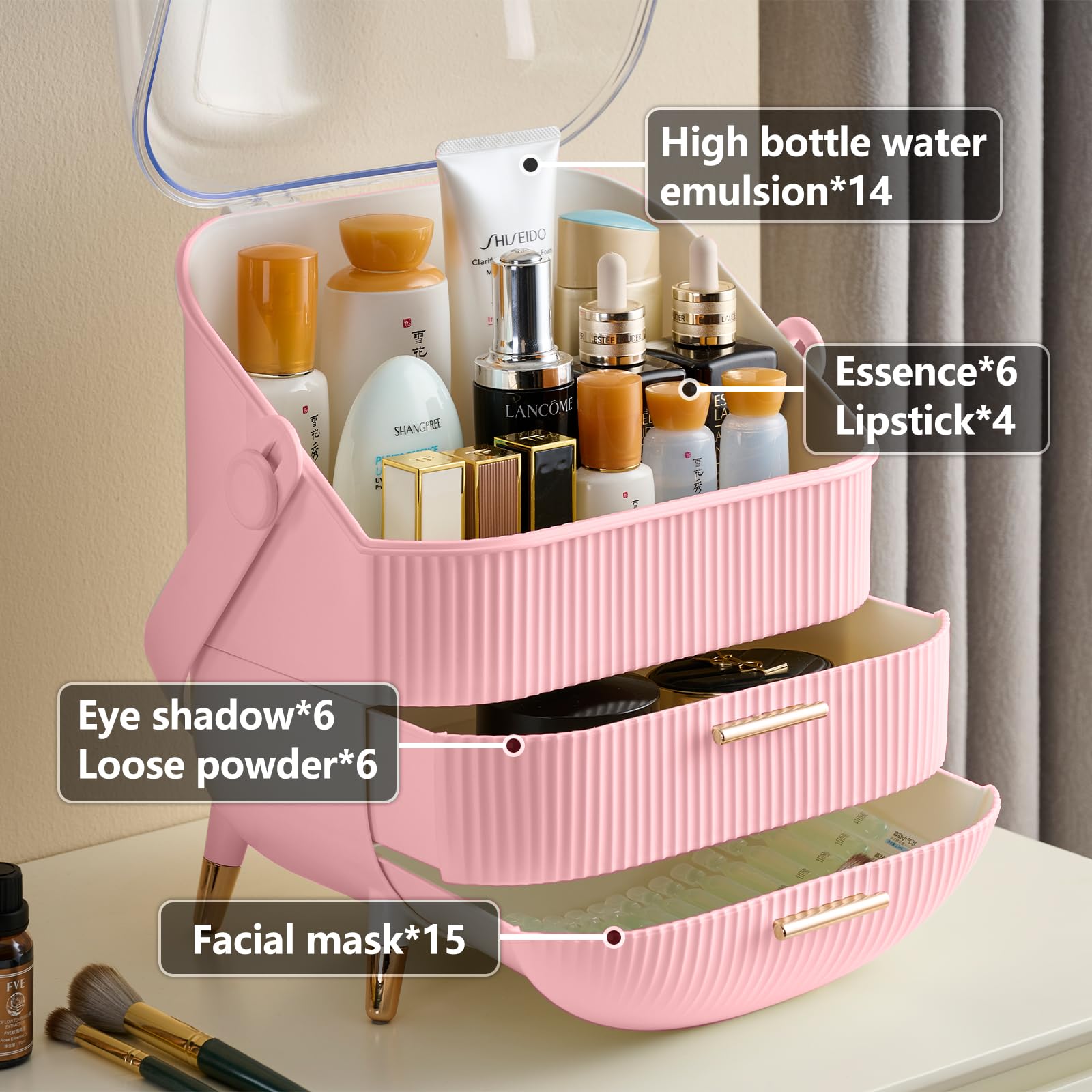 Gltaylmy Makeup Organizer For Vanity, Cosmetics Skincare Organizers With Lid And Drawers, Cosmetic Display Cases For Countertop