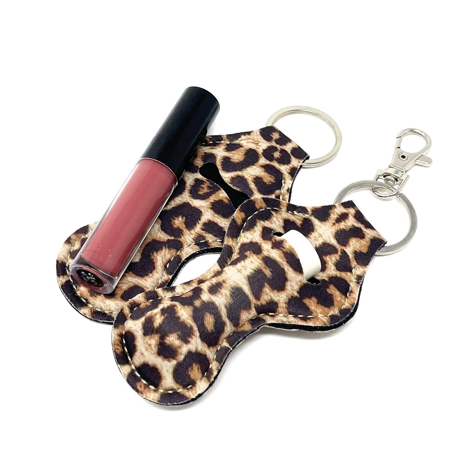 allydrew 10 Pack Chapstick Holder Keychain, Keyring for Lip Balm Lip Gloss Lipstick with 10 Pieces Metal Keyring Clasps, Leopard