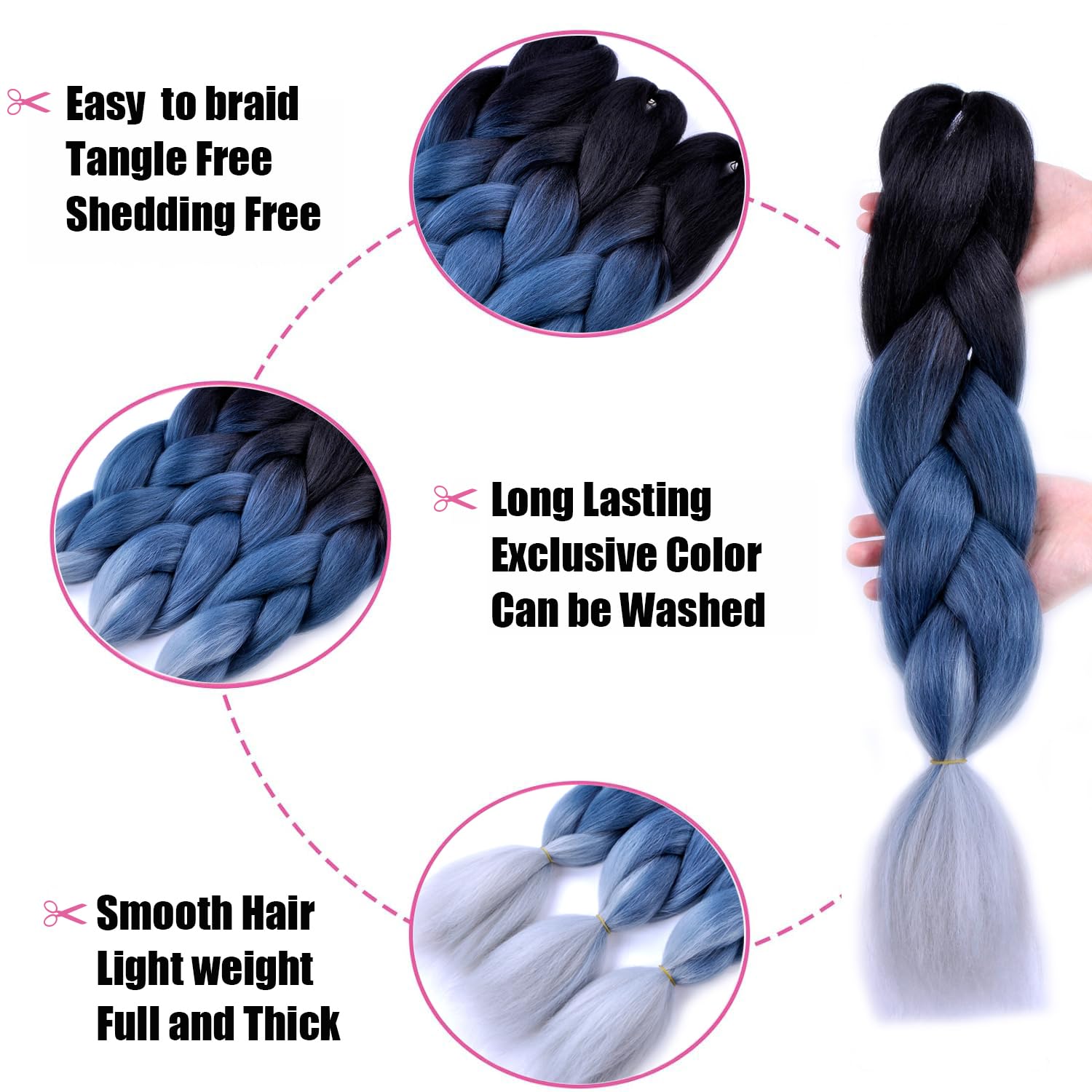 Bacana Jumbo Braiding Hair Ombre 3Pcs (Black/Grey Blue/Silver Grey) Jumbo Braid Hair Extension Ombre Colors For Crochet Braids H