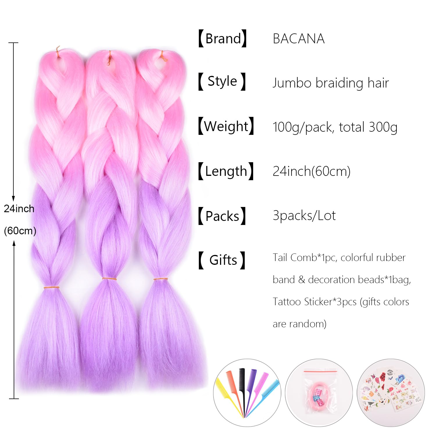 Bacana Ombre Braiding Hair Kanekalon Light Pink/Light Purple 3 Packs Jumbo Braid In Hair Extension Ombre Colors High Temperature