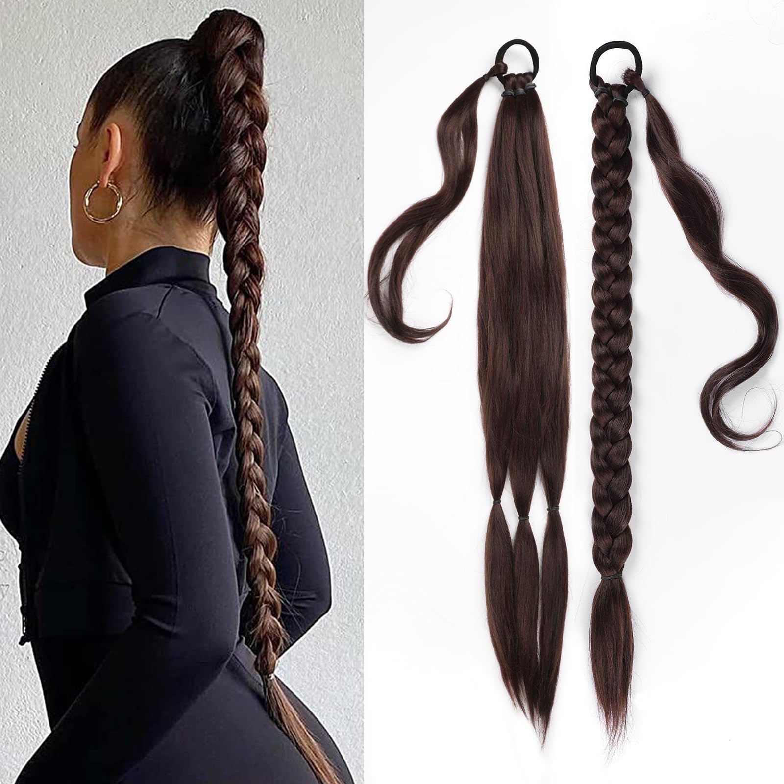EMMOR Long Braided Ponytail Extension with Hair Straight Wrap Around Ponytail Hair Extensions with Hair Tie Soft healthy Synthet