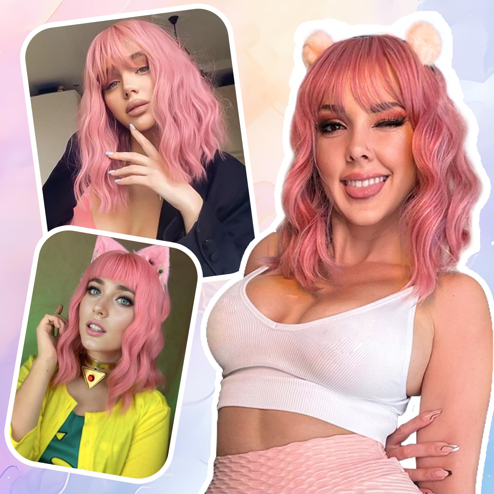 Vckovcko 14Inches Loose Wave Bob Wig Wavy Pink Bob Wig With Air Bang Curly Hair Wigs Synthetic Cosplay Party Wigs For Women (14I