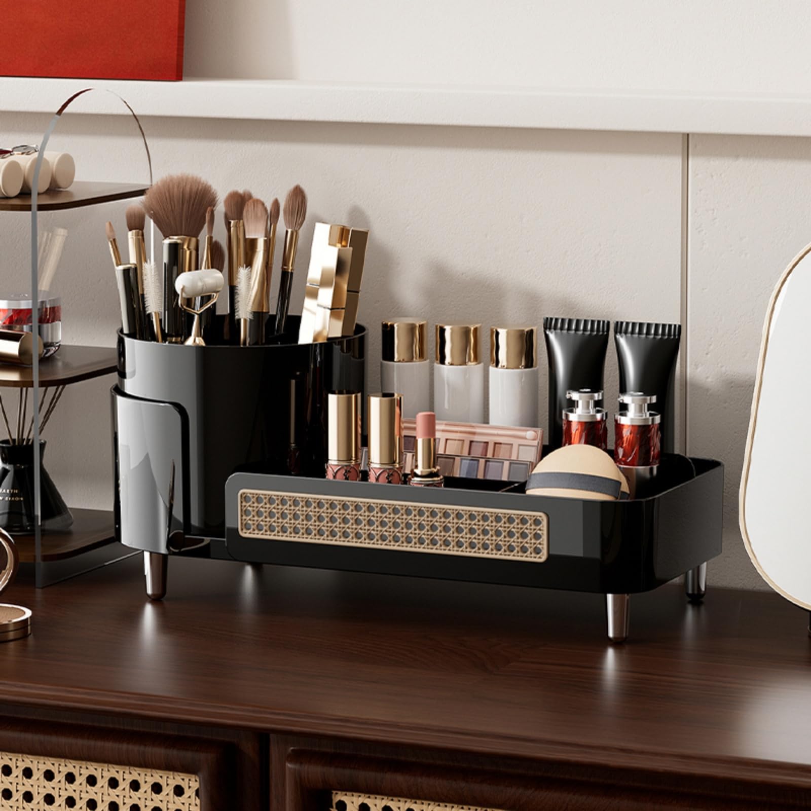 Rotating Makeup Organizer Countertop,Large Capacity Makeup Organizers For Vanity,2 In 1 Makeup Storage Organizer For Bathrooms,C
