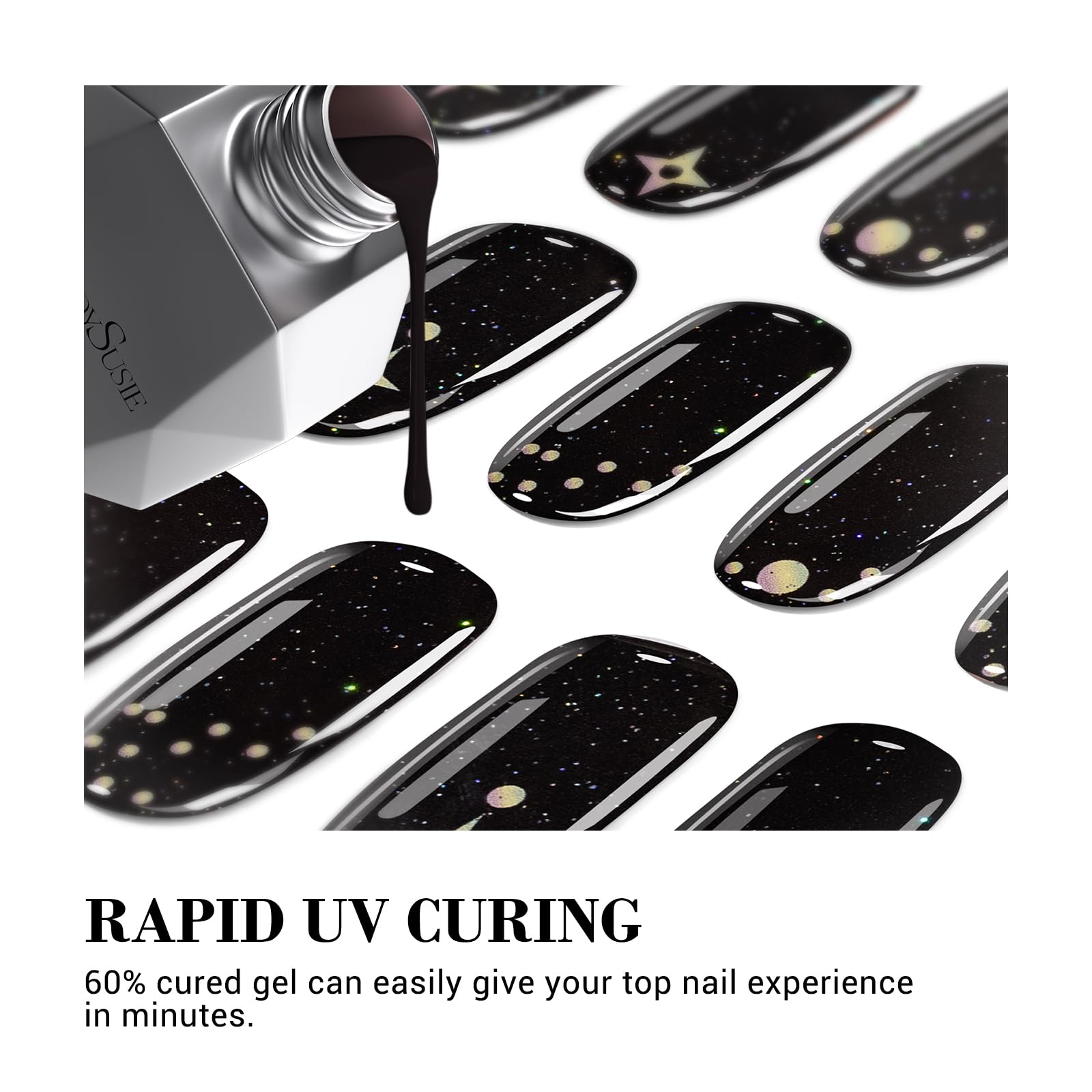 Melodysusie Semi Cured Gel Nail Strips (Dark Glitter Stars)- Works With Nail Lamp, Salon-Quality, Long Lasting, Easy To Apply &