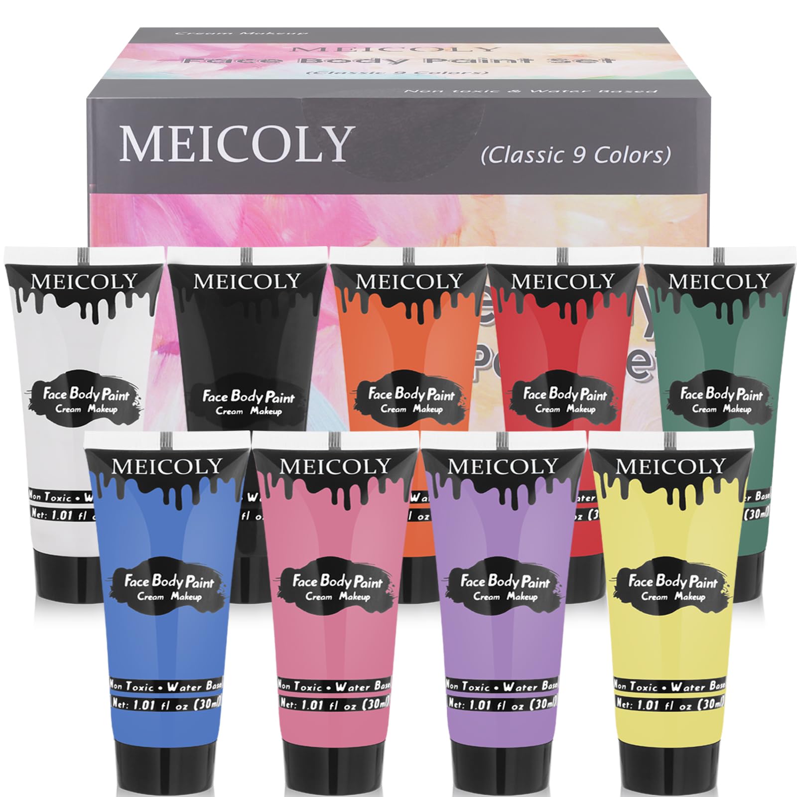 Meicoly 9 Colors Face Body Paint Set,1.01X9Oz/Box,Kids Adults Water Based Washable Face Paint Kit,Safe Cream Body Paint For Skin