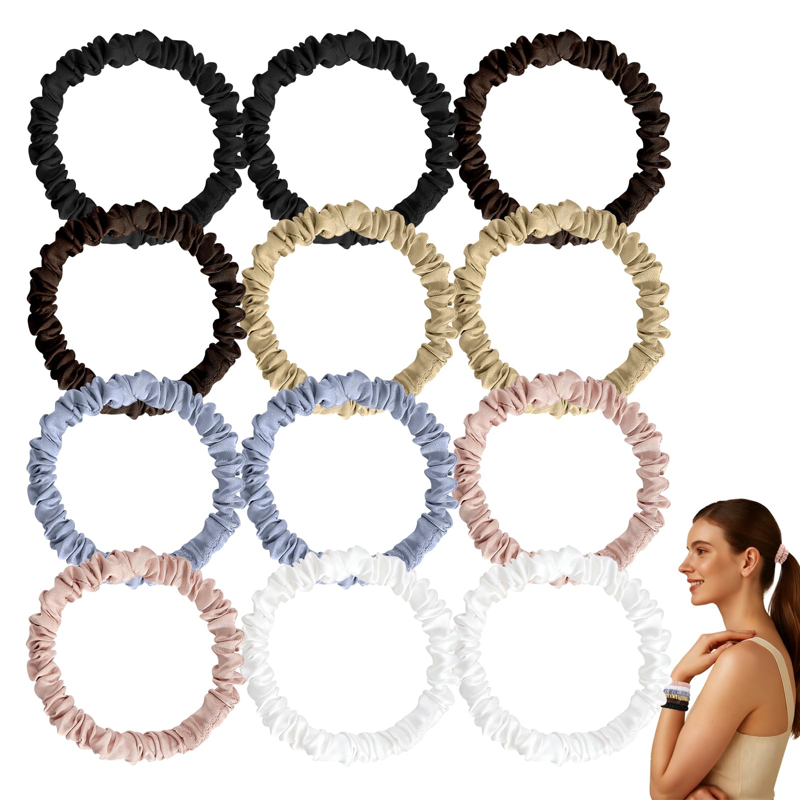 12 Pack Silky Soft Skinny Hair Ties, Silk-Like No Damage Scrunchies Elastic Ponytail Bands for Women Girls, Thin Thick Curly Hai