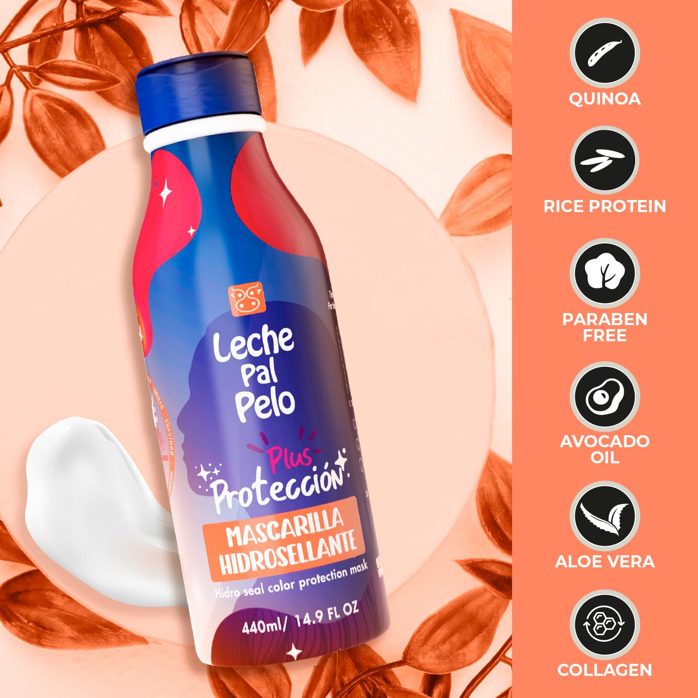 Leche Pal Pelo - Mask for protection of Colored or processed Hair, Quinoa, Avocado Oil, Rice Protein & Aloe. Nourish and Conditi