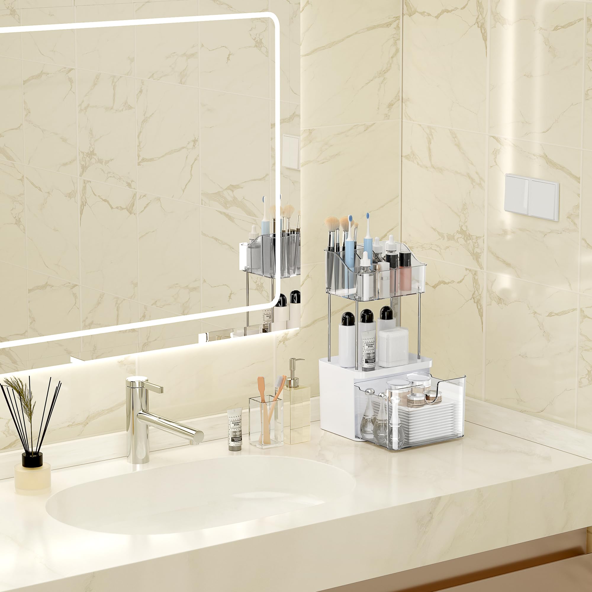 Doadw Bathroom Countertop Organizer With Drawer - 3 Tier Makeup Organizer For Vanity - Medium Clear Multi-Purpose Makeup Skin Ca