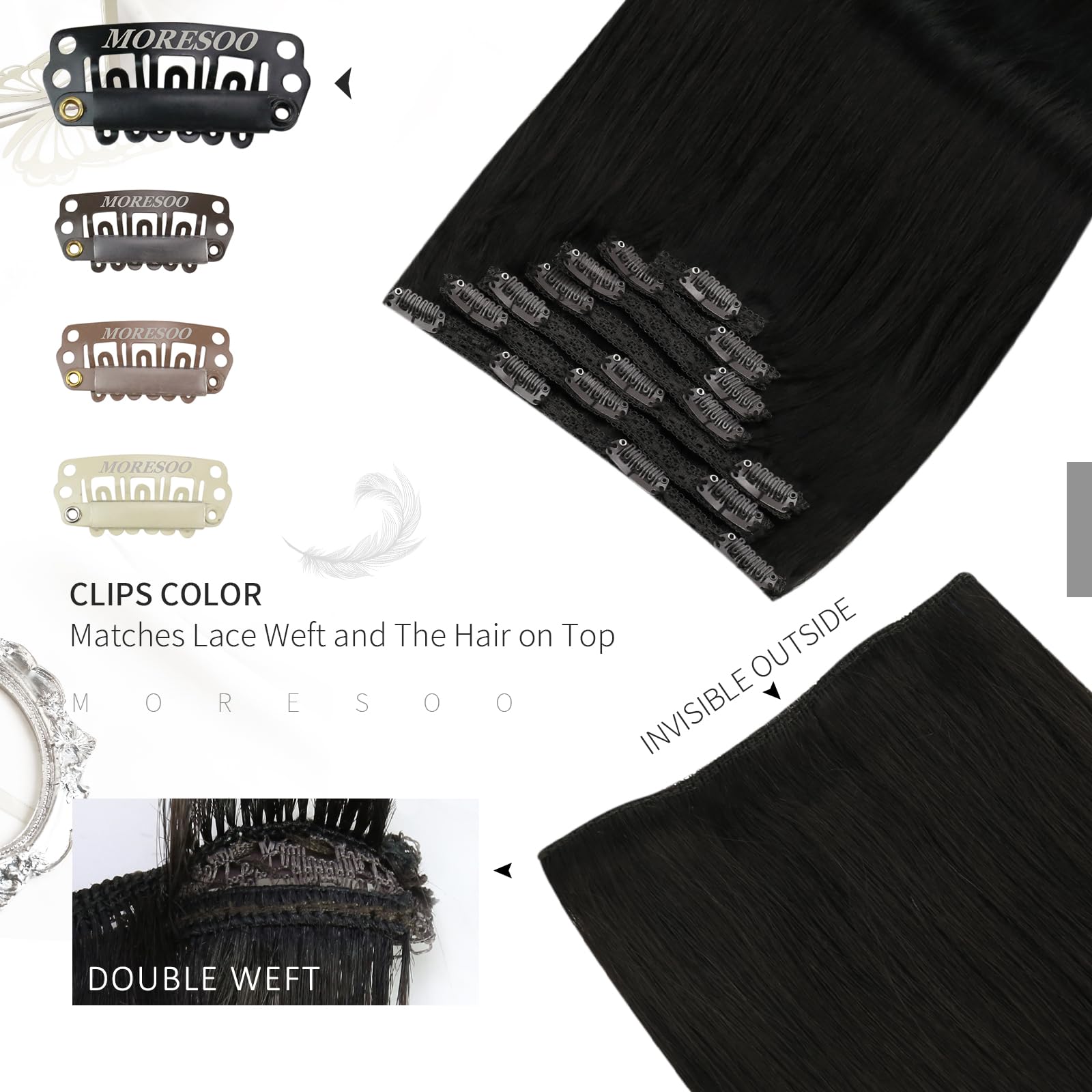 Moresoo Clip In Hair Extensions Human Hair Black 24Inch Double Weft Human Hair Clip In Extensions Natural Black Remy Hair Extens