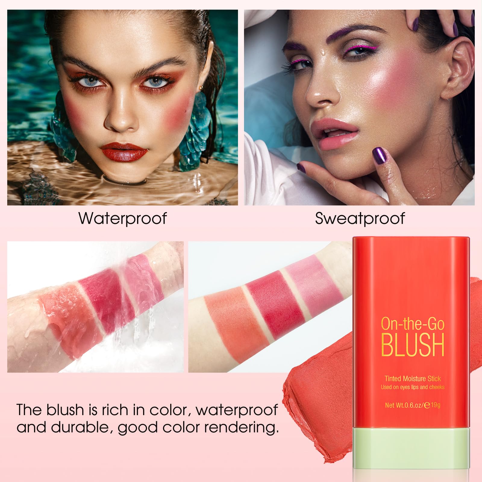 Befivecok Blush Stick For Cheeks - Cream Makeup Blush Wand, Solid Moisturizer Stick For Cheeks Tint, Natural Blendable Waterproo