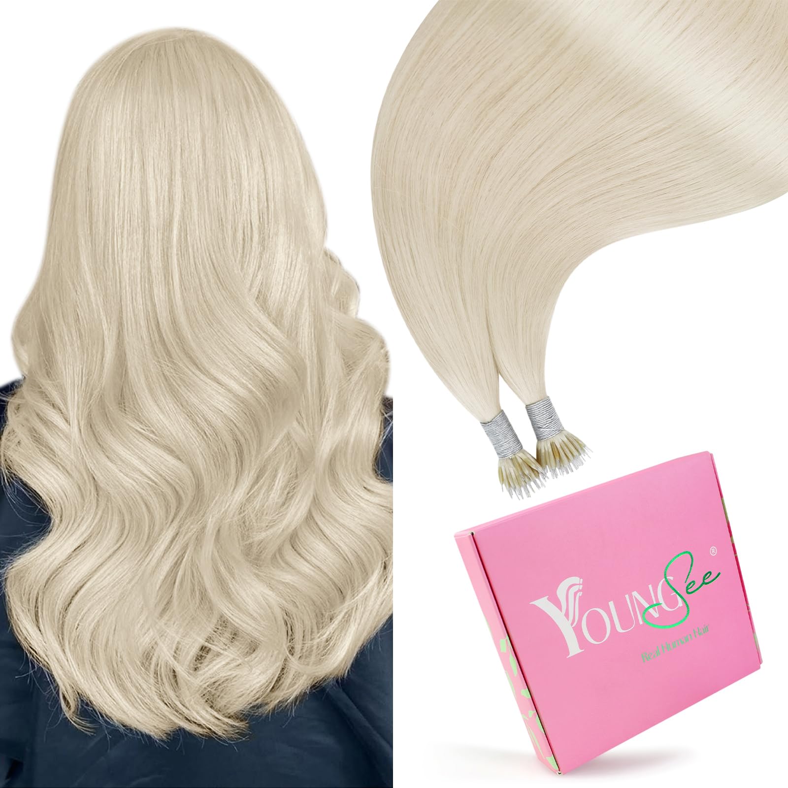 YoungSee Platinum Blonde Nano Bead Hair Extensions Human Hair 16inch Nano Tip Hair Extensions Real Human Hair White Blonde Nano-