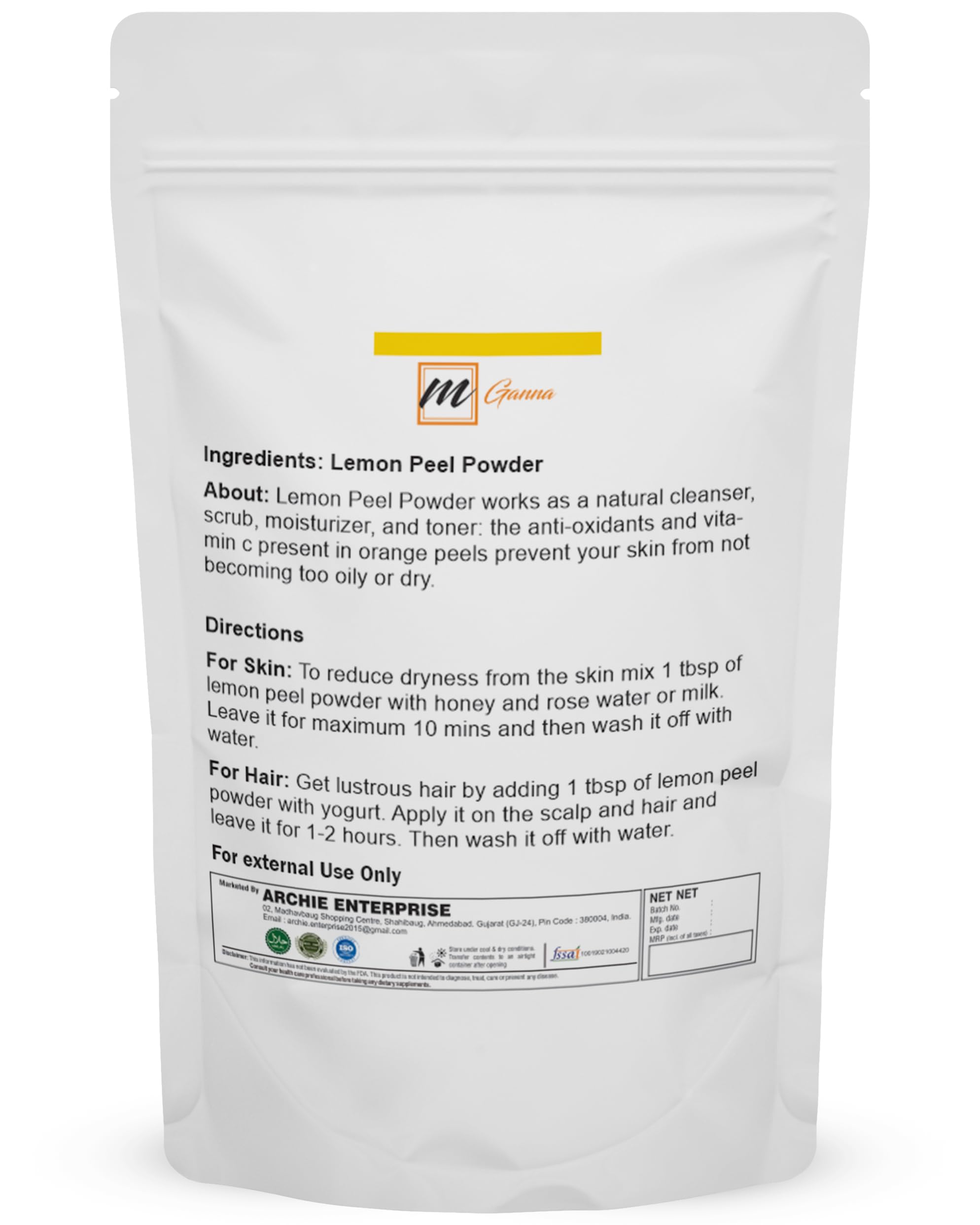 mGanna 100% Natural Lemon Peel Powder For Skin Care 0.50 LBS / 227 GMS / 8 Oz