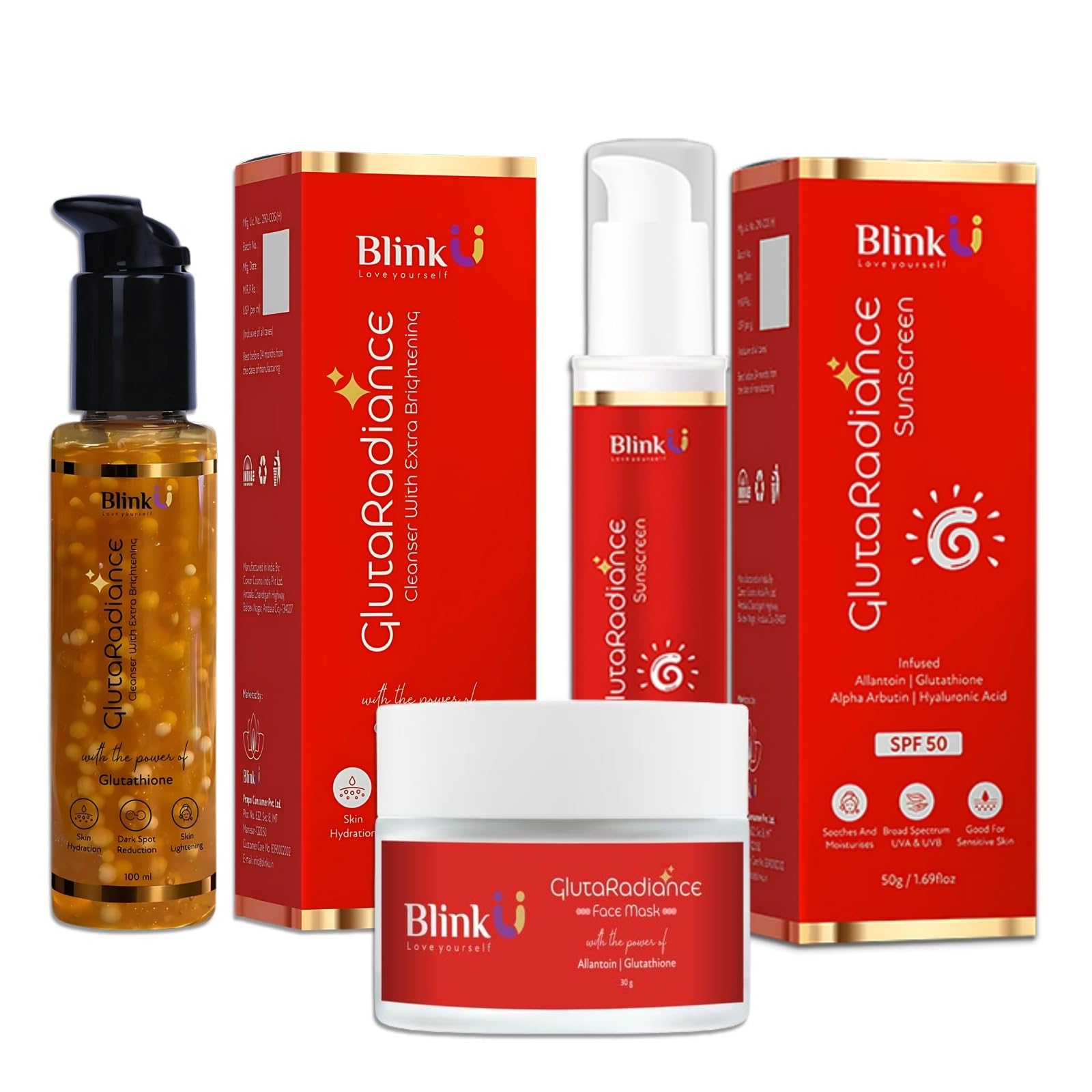 Blinku Glutaradiance 3In1 Brightening Combo Glutathione Cleanser Spf 50 Sunscreen Face Mask Dark Spot Treatment & Skin Hydrati