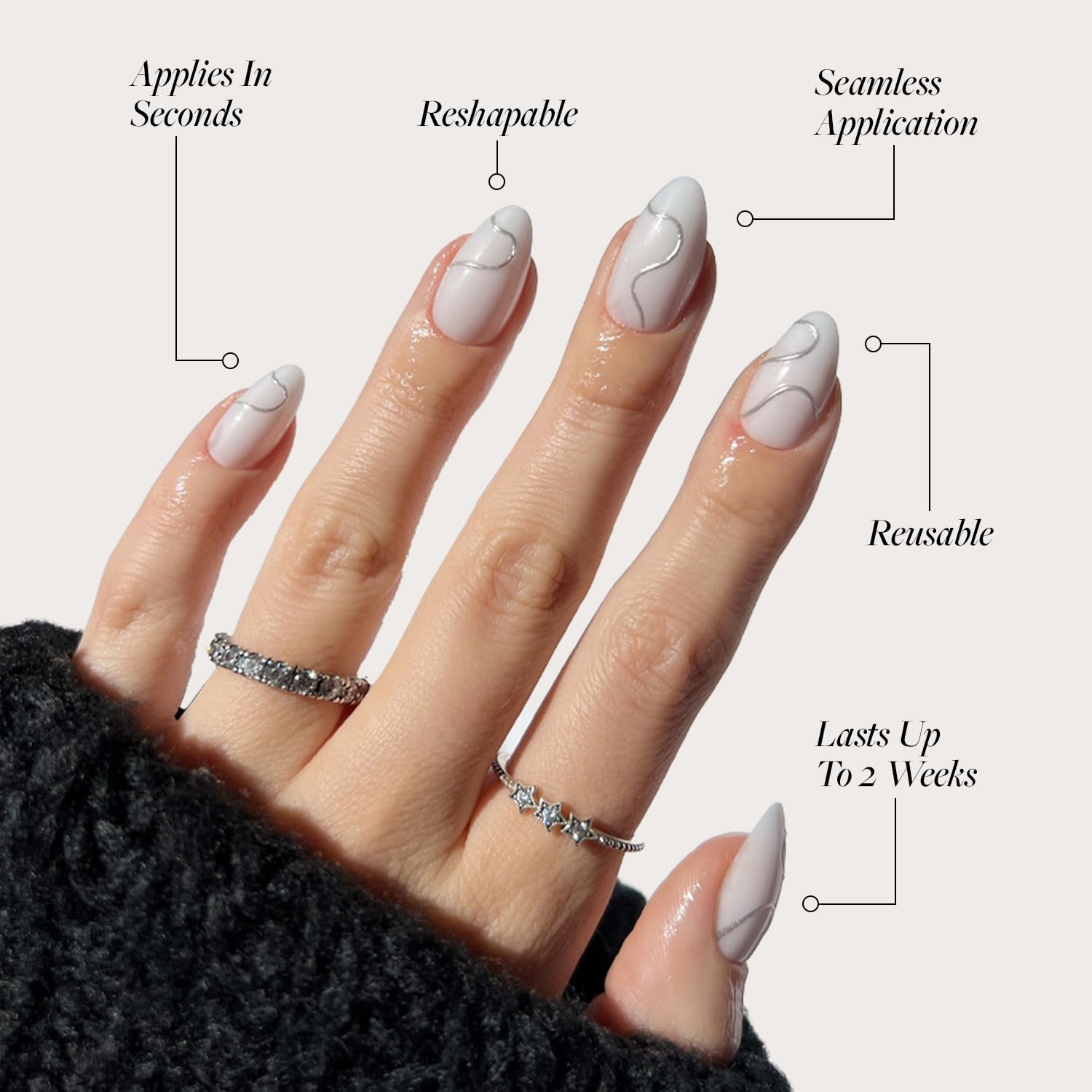 Glamnetic Press On Nails - Silent Night | Short Almond White Nails With 3D Silver Foil In A Glossy Finish | 15 Sizes - 30 Nail K