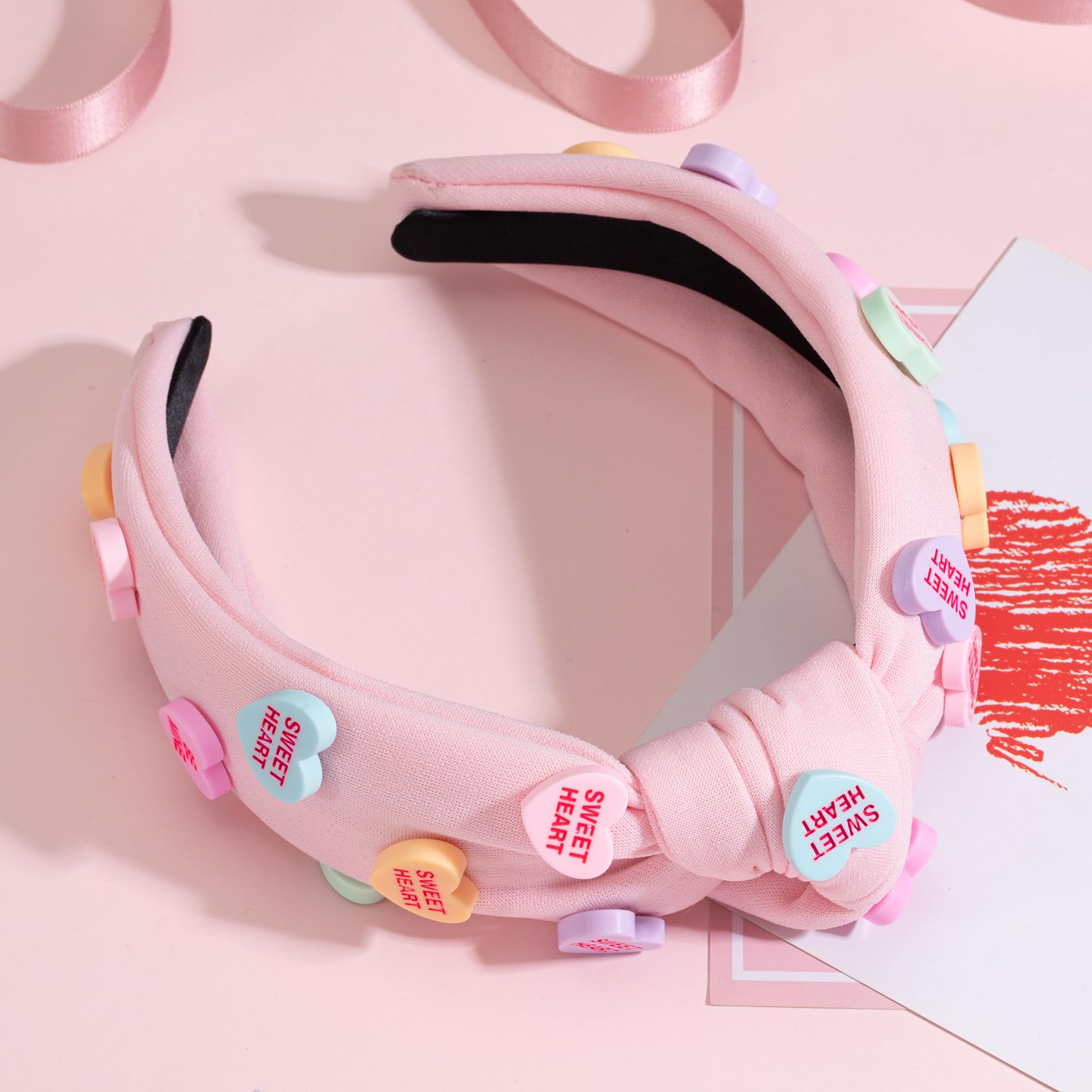 Valentine's Day Heart Candy Embellished Pink Headband Conversation Love Heart Charm Knotted Headband Non Slip Wide Top Knot Fash