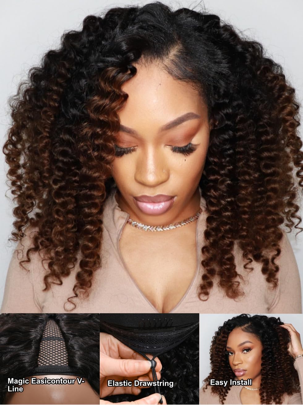 Unice Easicontour V Part Wigs Human Hair Jerry Curly Ombre Chestnut Brown Glueless Wigs Human Hair Clip In Vpart Wig Minimal Lea