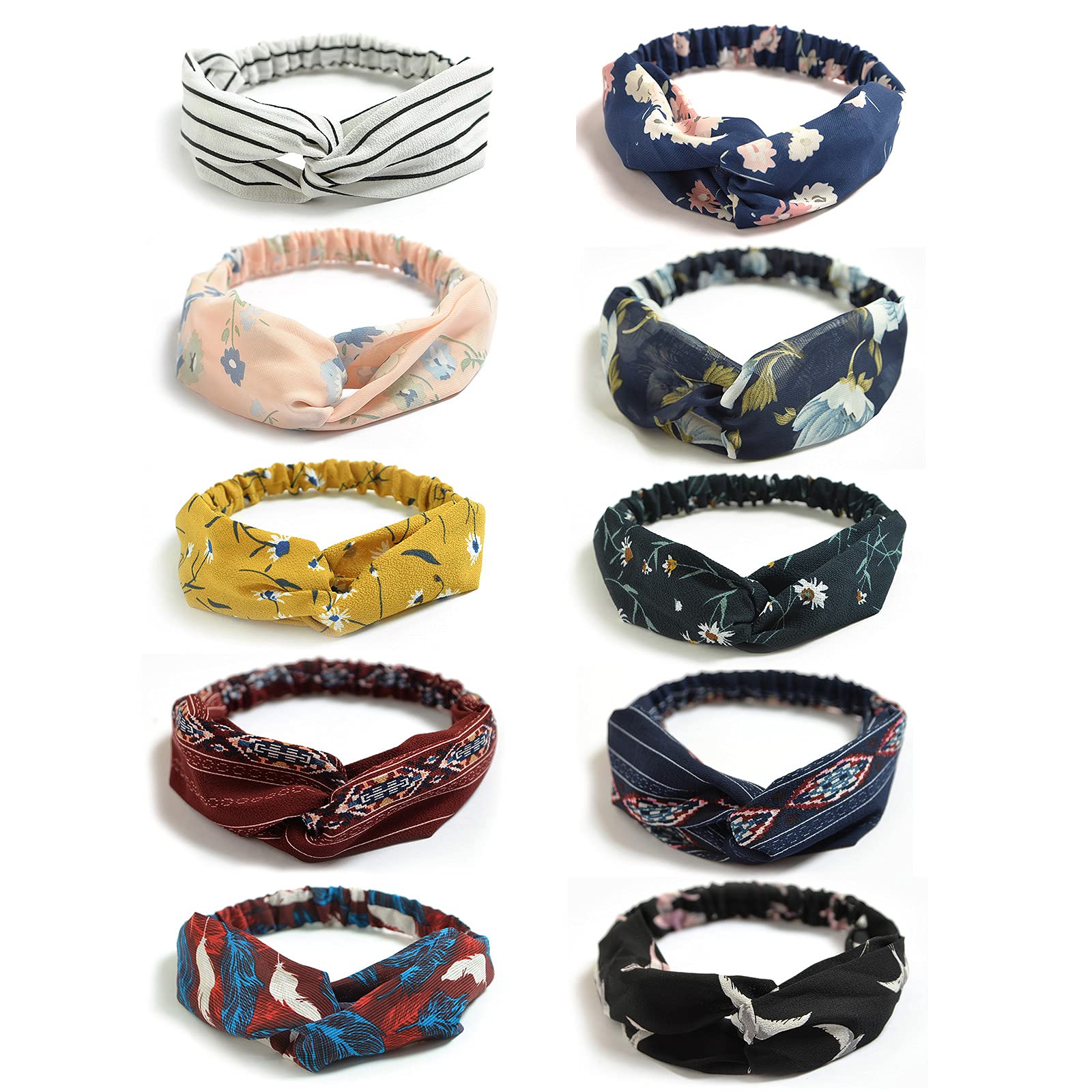 Dreshow 10 Pack Boho Headbands For Women Vintage Cross Elastic Head Wrap Hair Accessories