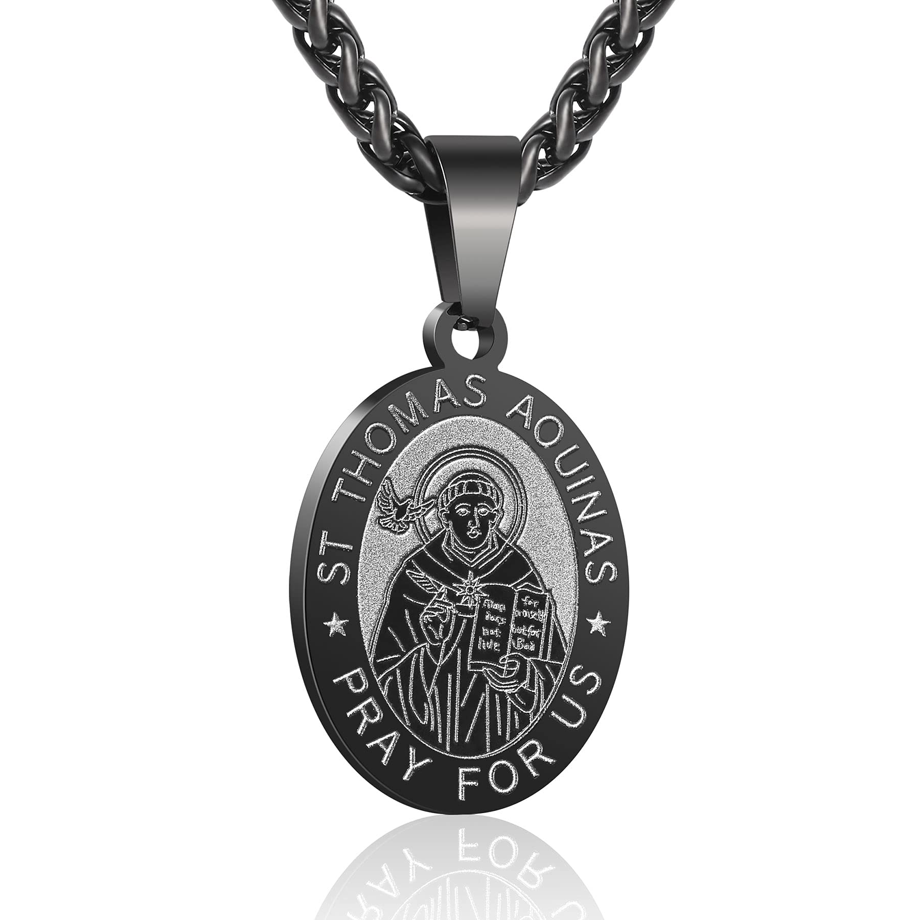 P. BLAKE Black St. Saint Thomas Medal Necklace Men, Stainless Steel Catholic Saint Thomas Aquinas Pendant Chain