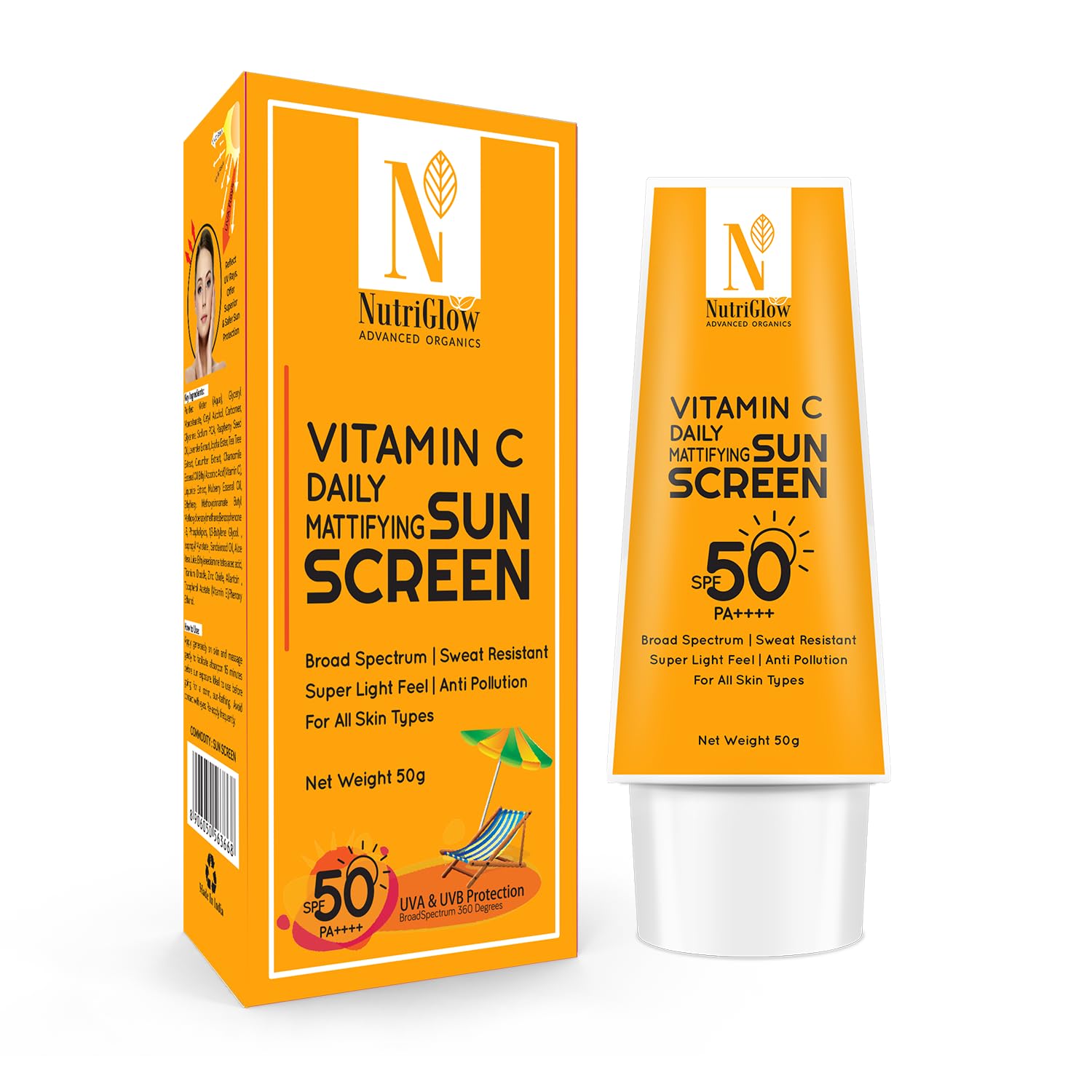 NutriGlow Advanced Organics Vitamin C Daily Mattifying Sunscreen spf50, AntiPollution, FragranceFree, NonSticky, No White Cas