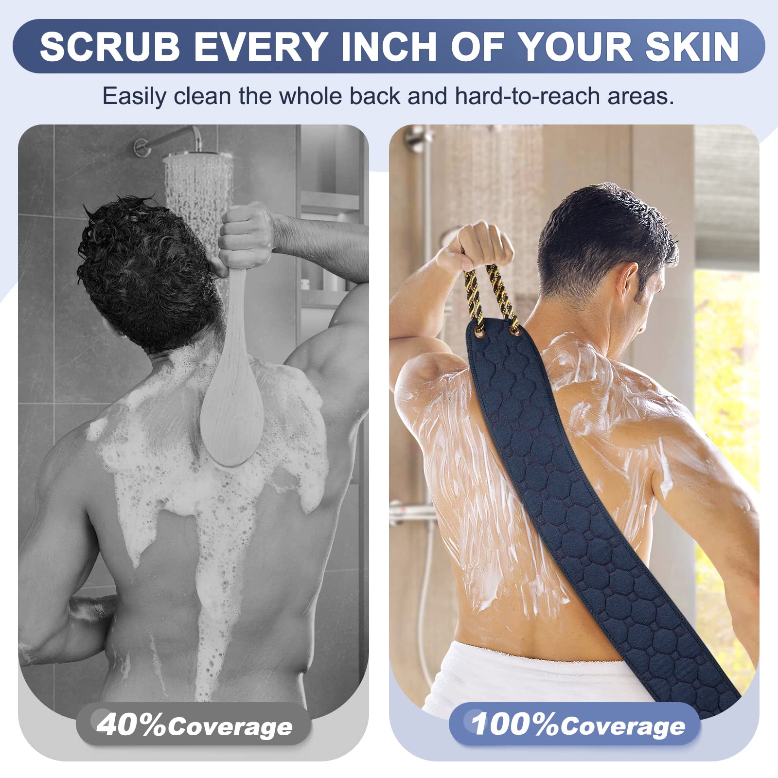 Exfoliating Back Scrubber With Handles, 38.5 Inch Double-Sided Back Exfoliator Body Scrub Towel, Exfoliating Washcloth Bath Tool