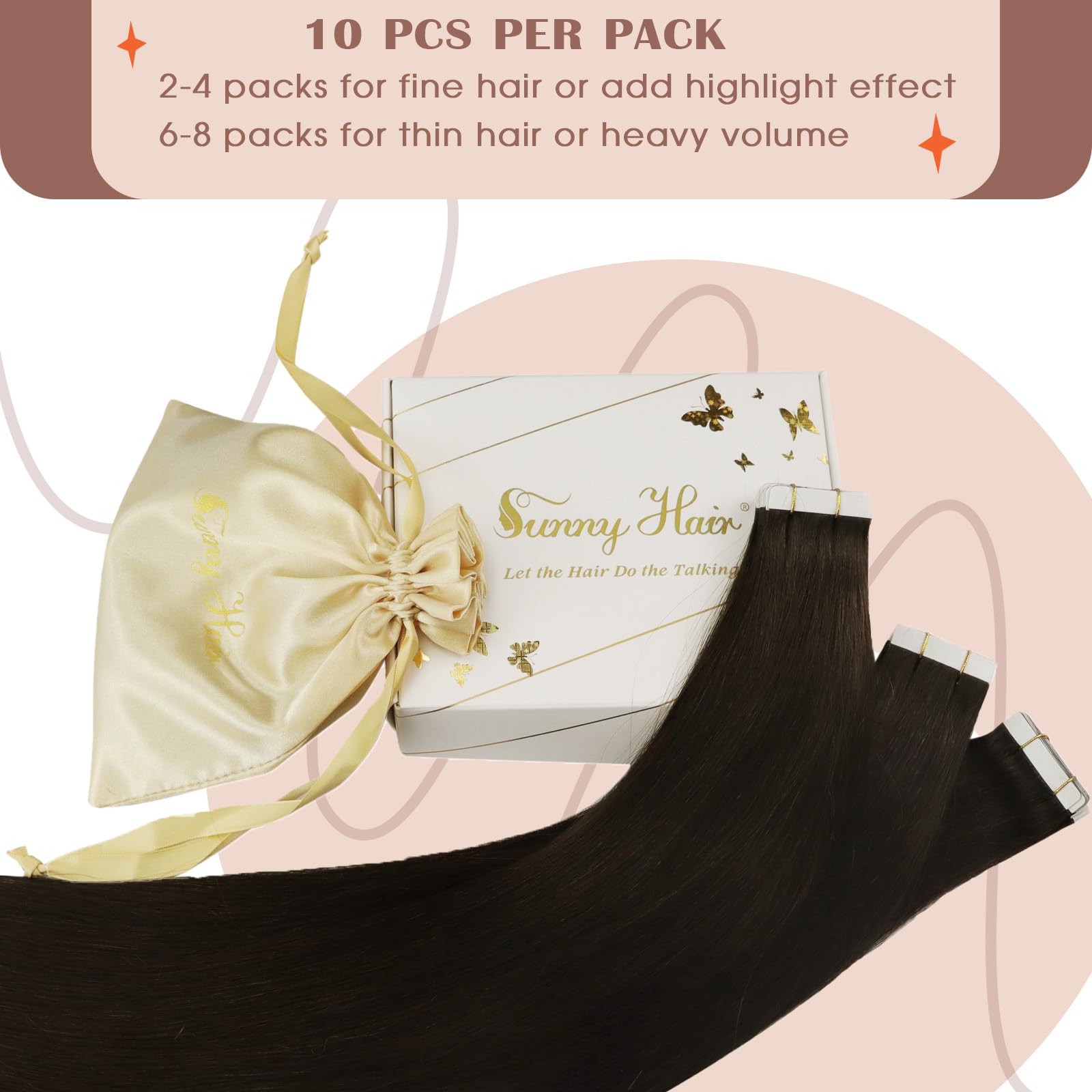 Sunny Hair Tape in Hair Extensions Real Human Hair Invisible Remy Hair Extensions Tape ins for Women Darkest Brown 24 inch 25G