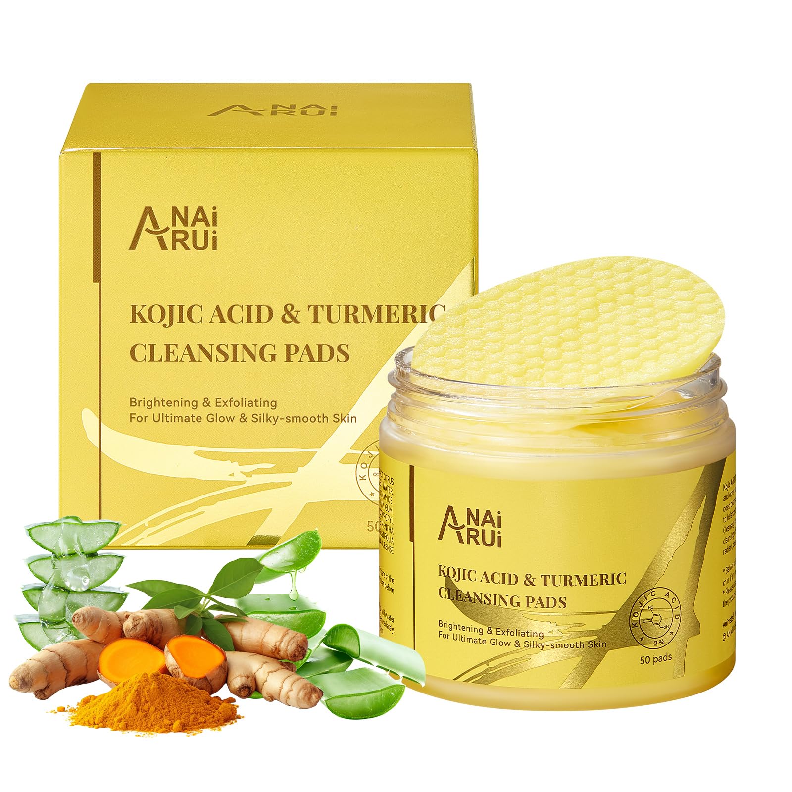 ANAI RUI Turmeric Kojic Acid Cleansing Pads, Turmeric Face Scrub Pads, Exfoliating Cleansing Pads, Turmeric Cleansing Pads for F