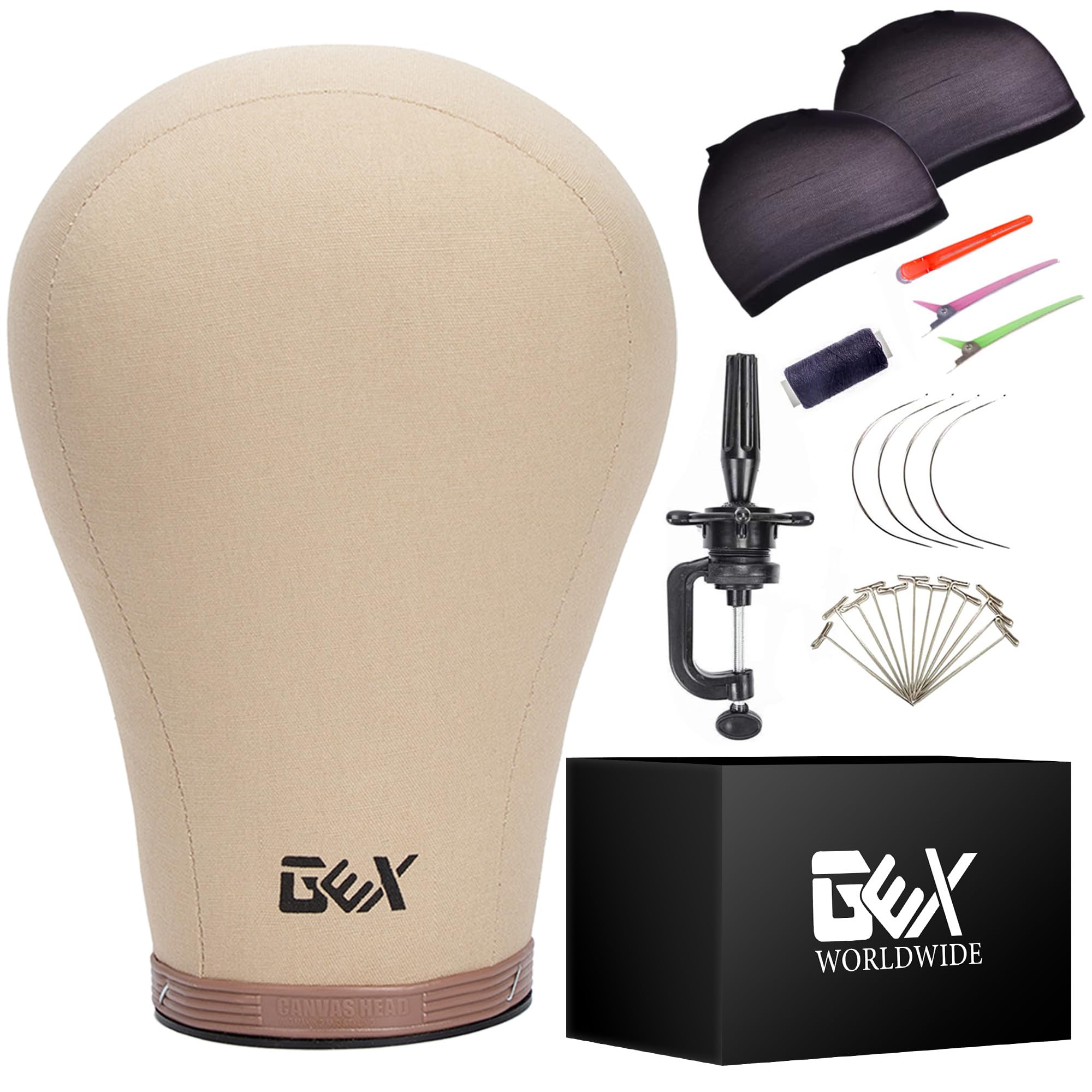 GEX 21'' Canvas Cork Wig Block Mannequin Head for Wig Making Drying Styling Display with Table C Clamp Stand Holder (Light Brown