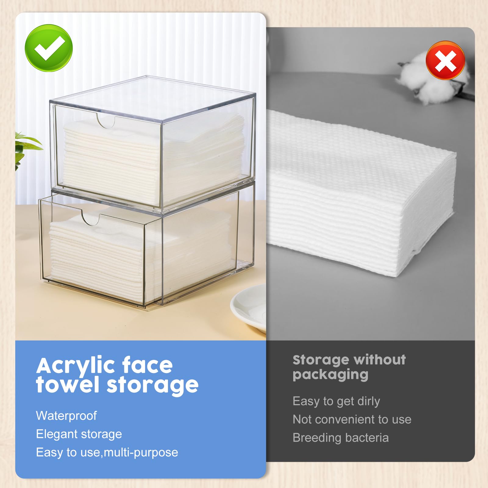 Rainmae 2 Pack Disposable Face Towel Holder, Face Towel Storage Box, Stackable Clear Makeup Organizer with Drawer for Clean Skin